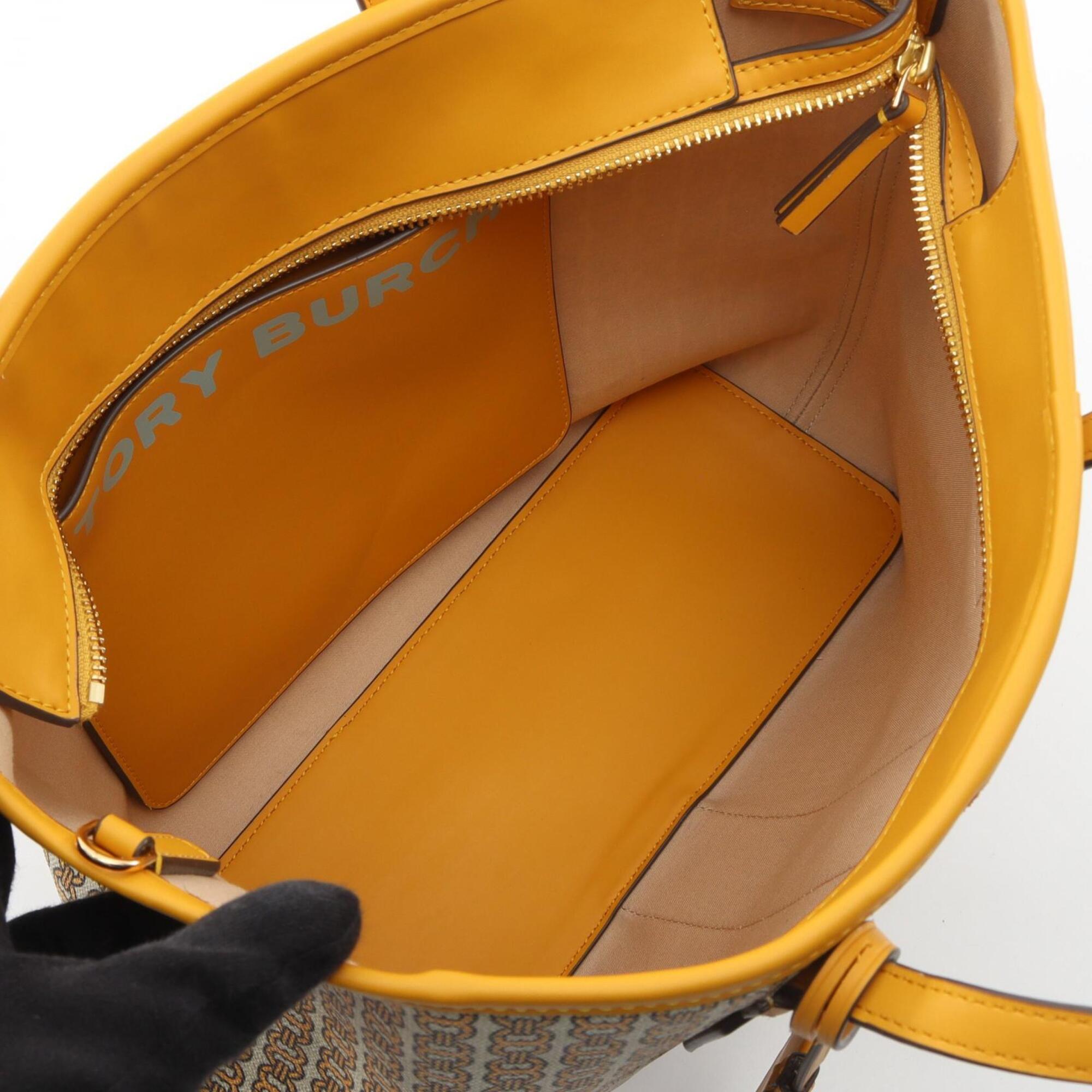 Tory Burch Beige Multi-Color Yellow Coated Canvas Leather Handbag Tote Bag (Pre-Owned)