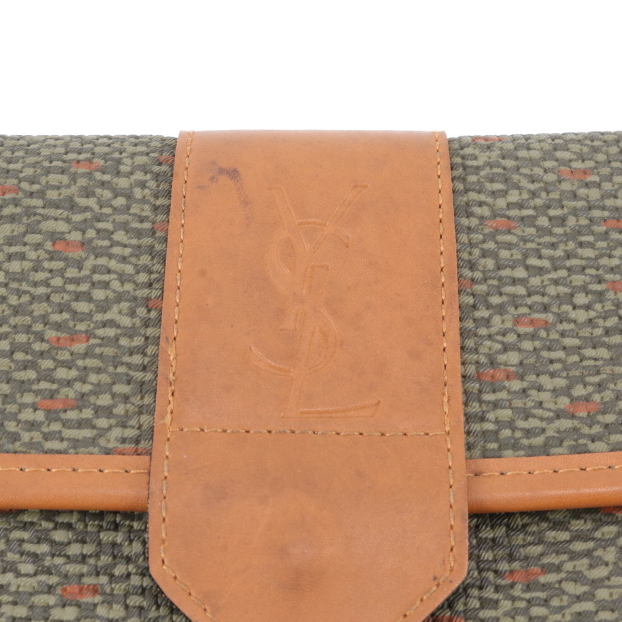 Saint Laurent Brown Green Khaki Leather Coated Canvas Clutch Bag Pouch (Pre-Owned)