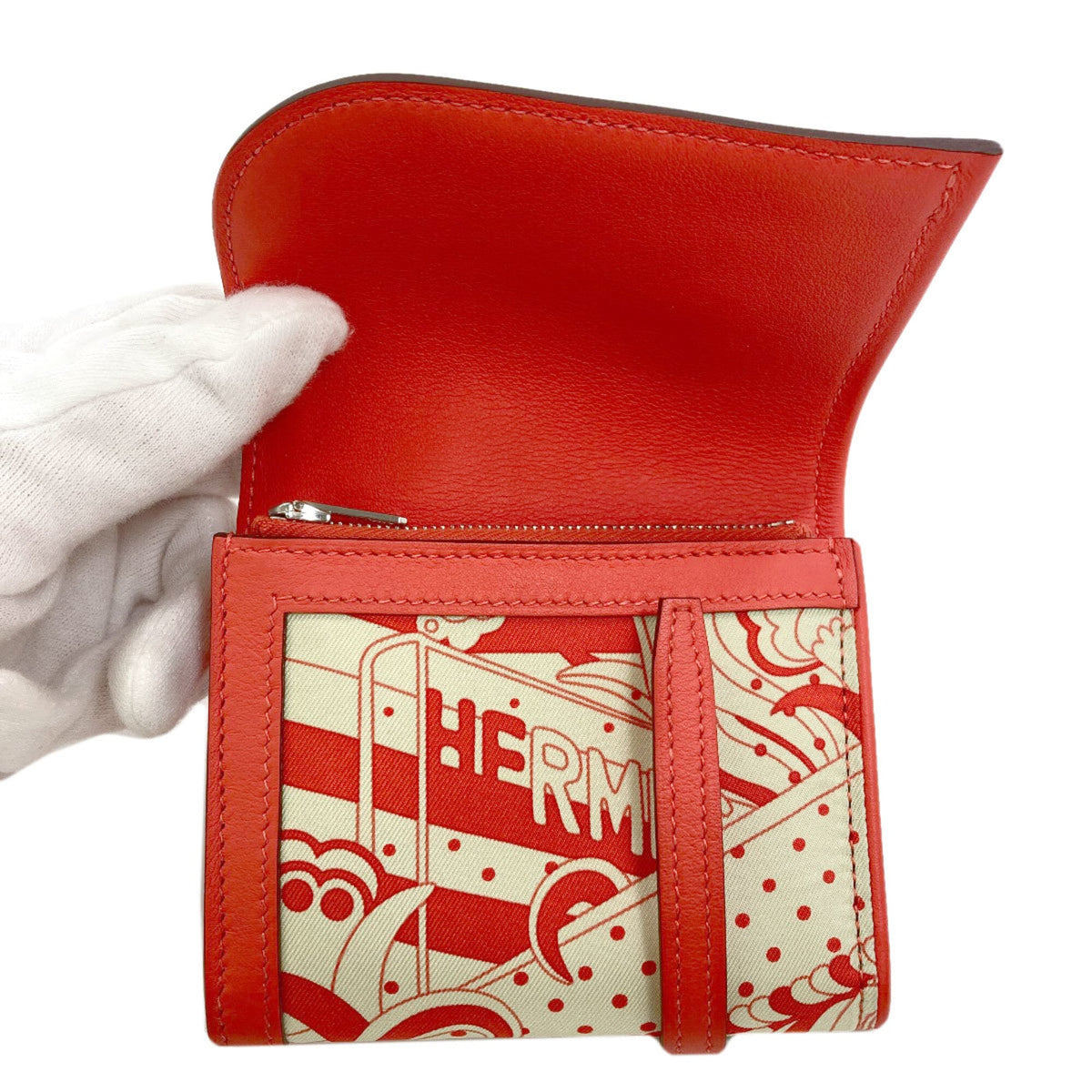 Hermes Beige Red Color Silk Wallet (Bi-Fold) (Pre-Owned)