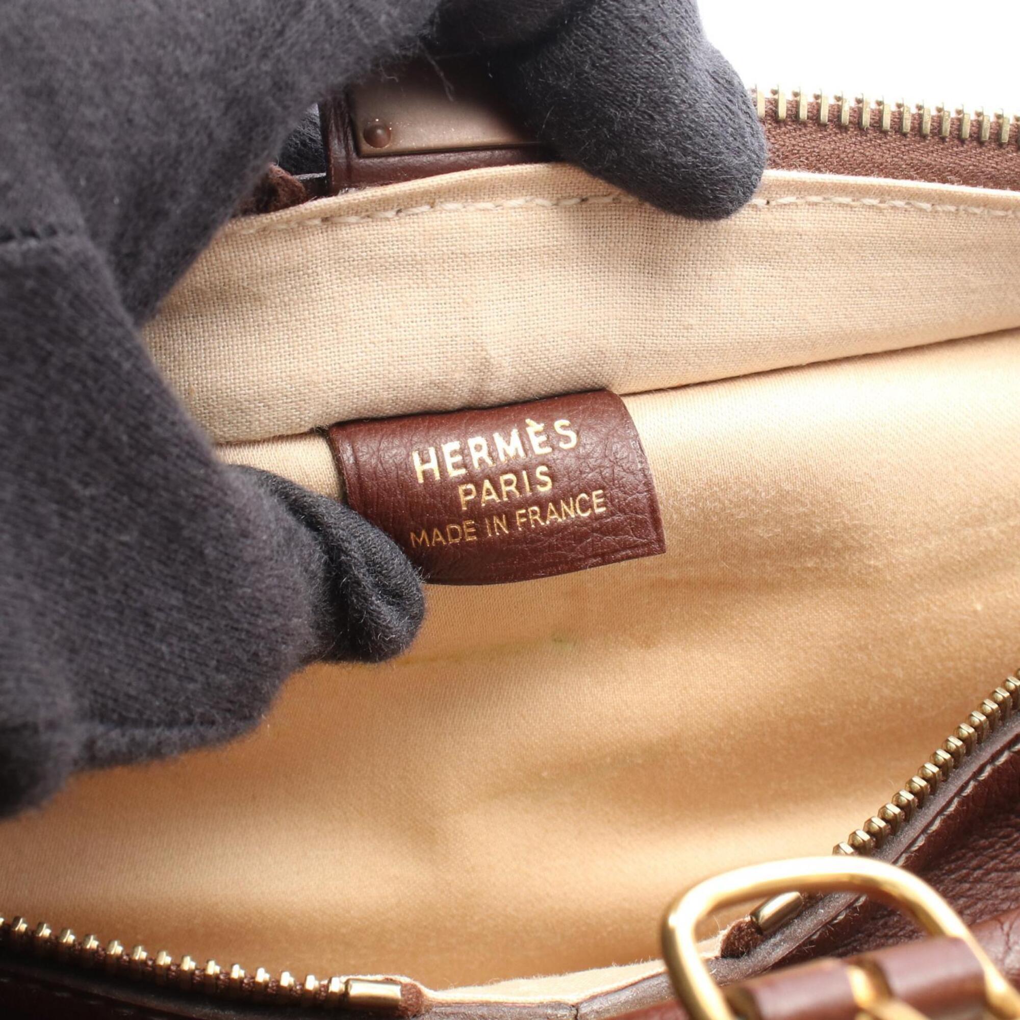 Hermes Brown Ecru Ivory Toile H Taurillon Clemence Leather Handbag (Pre-Owned)