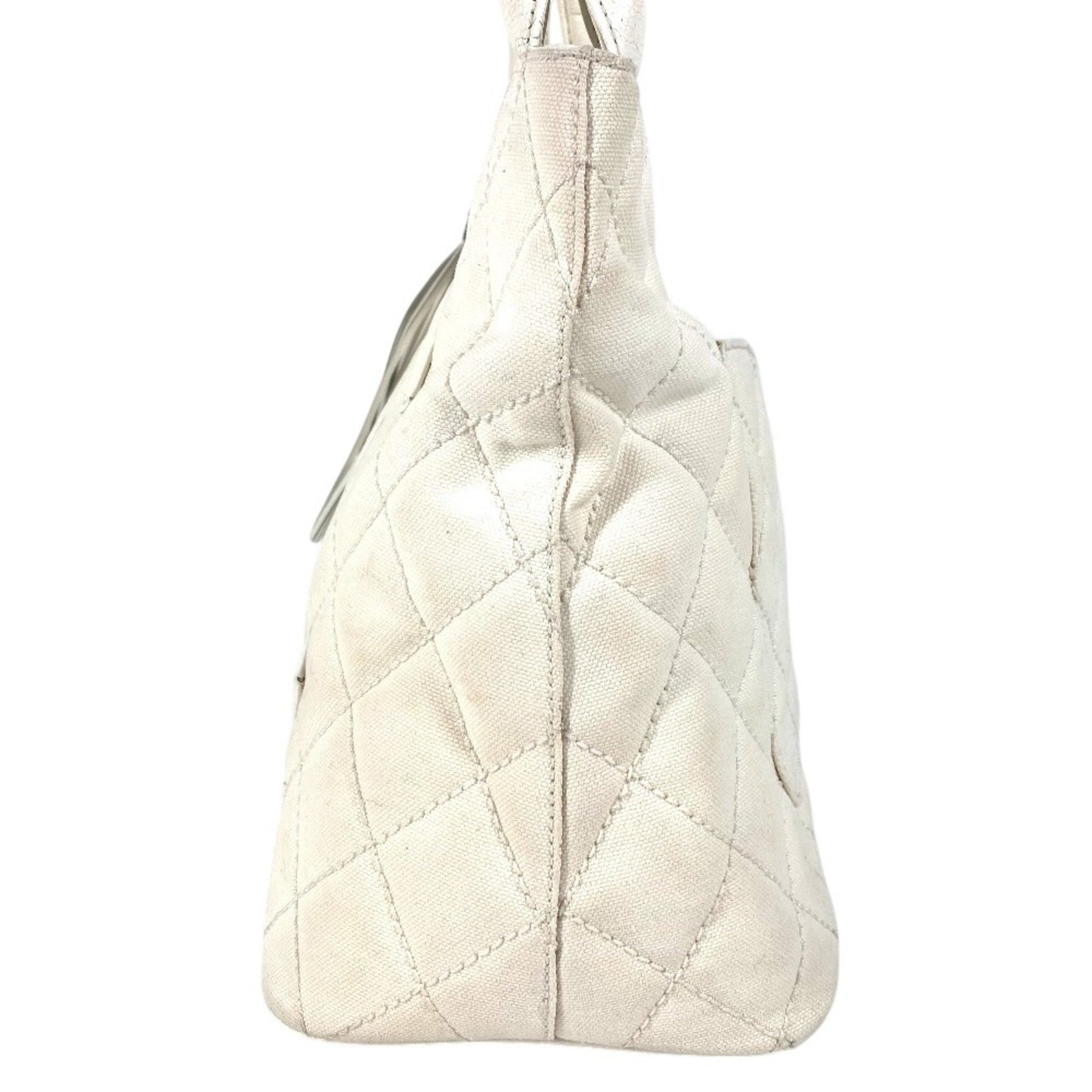 Chanel White Leather Canvas Shoulder Bag Tote Bag (Pre-Owned)
