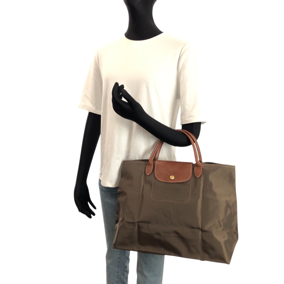Longchamp Brown Khaki Nylon Leather Handbag Tote Bag (Pre-Owned)