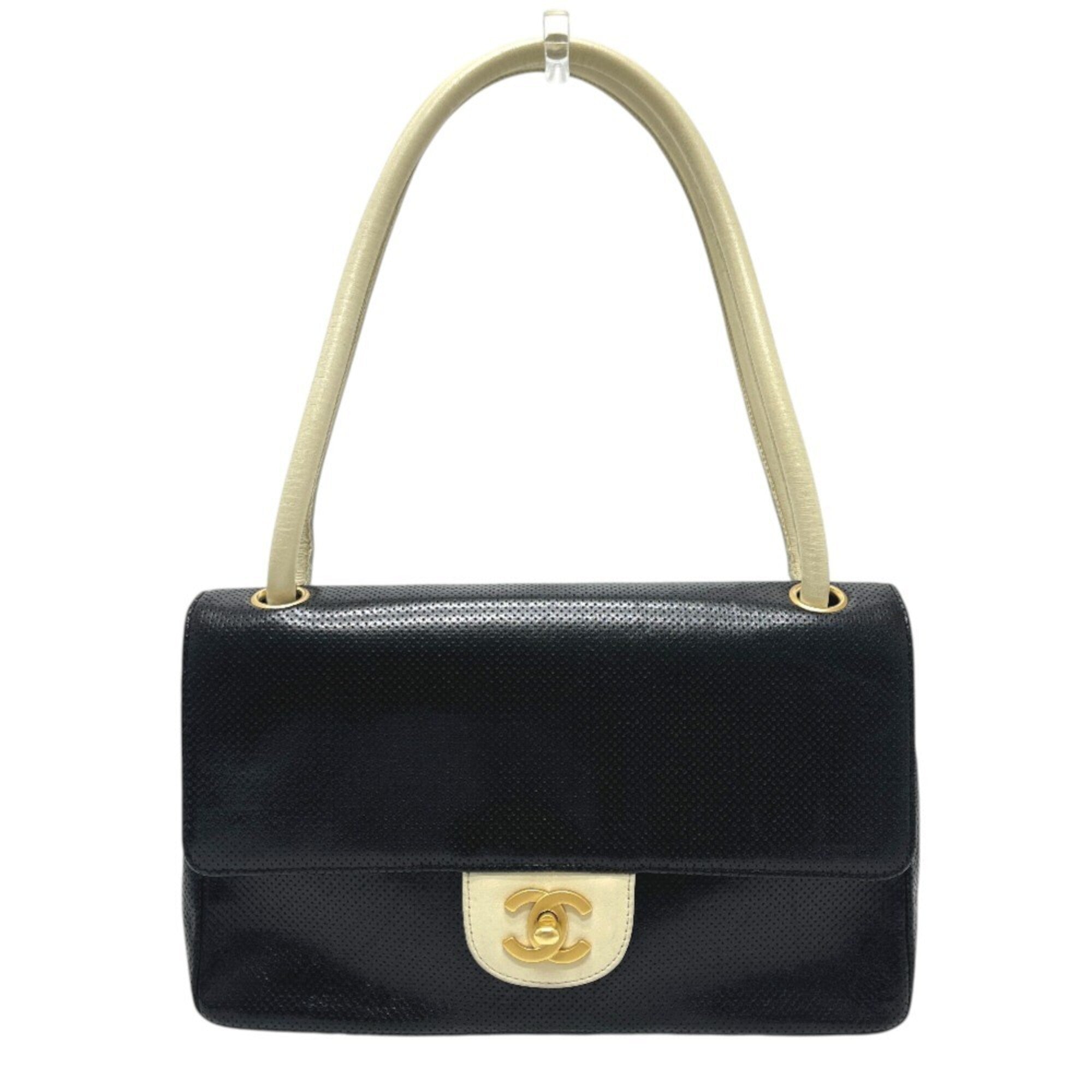 Chanel Black White Leather Handbag Shoulder Bag (Pre-Owned)