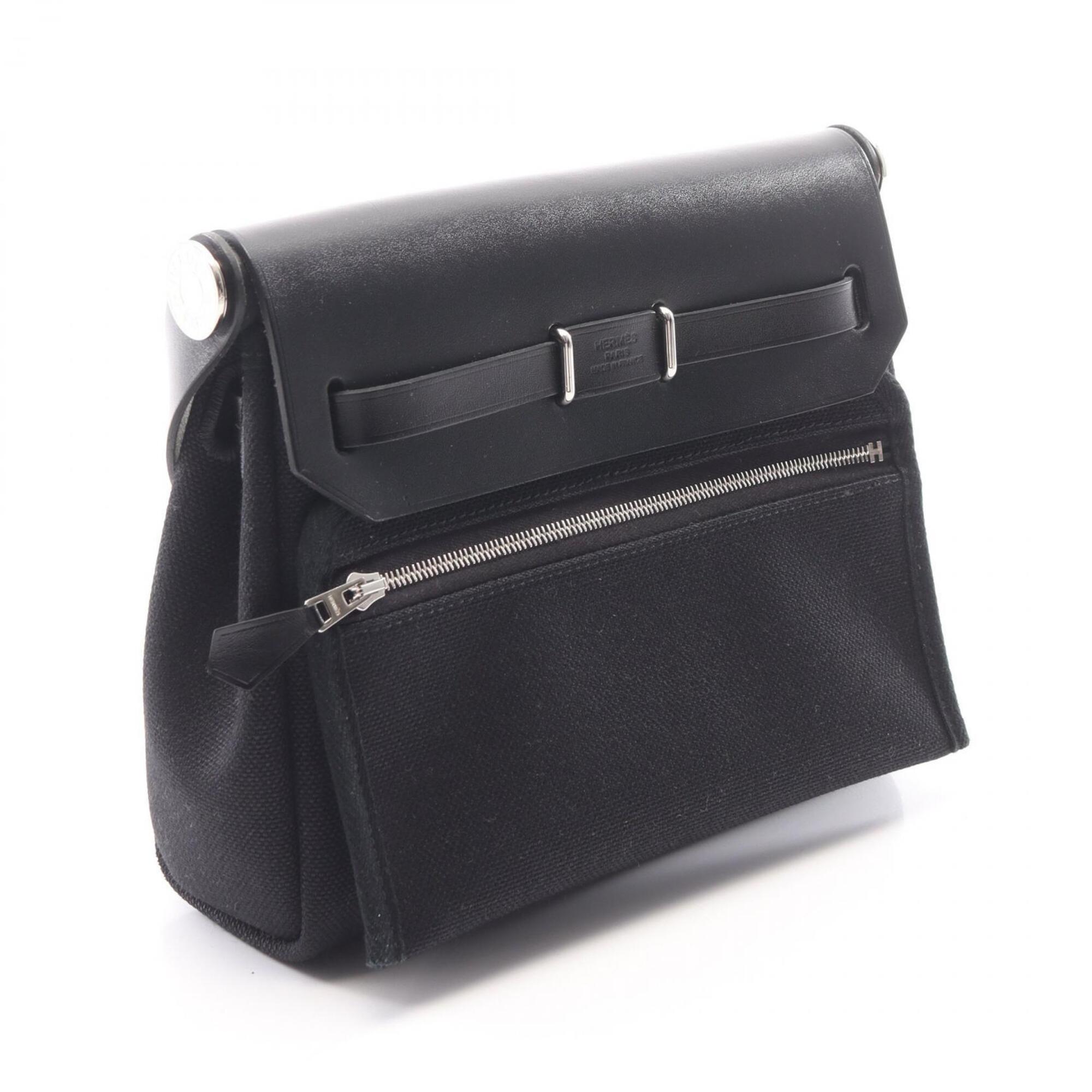 Hermes Black Canvas Leather Handbag Shoulder Bag (Pre-Owned)