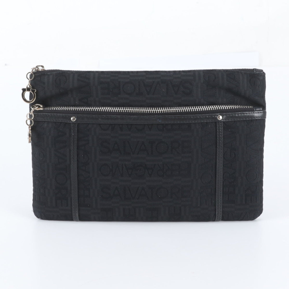 Salvatore Ferragamo Black Leather Canvas Clutch Bag Handbag Pouch (Pre-Owned)