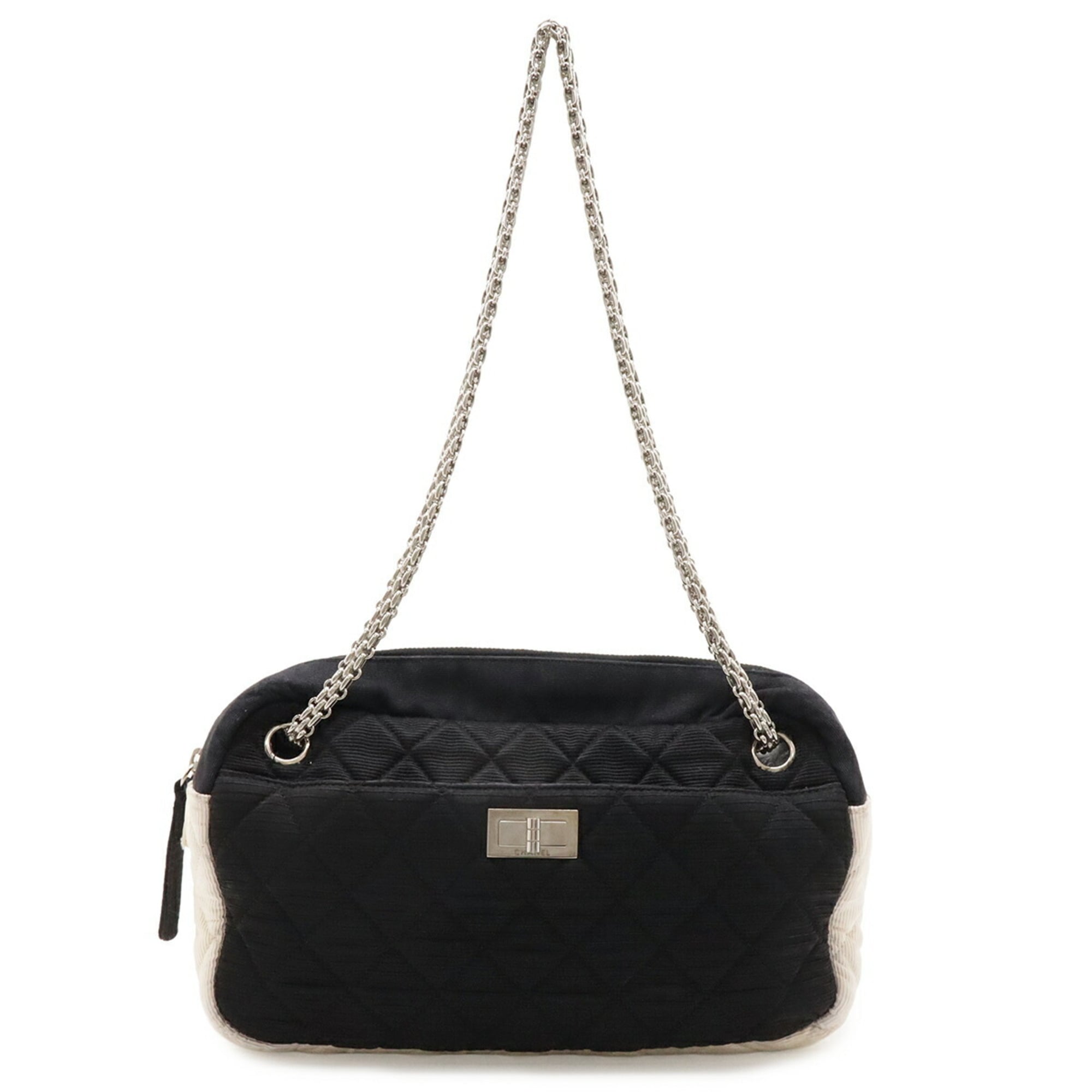 Chanel 2.55 Black Ivory Satin Canvas Shoulder Bag (Pre-Owned)