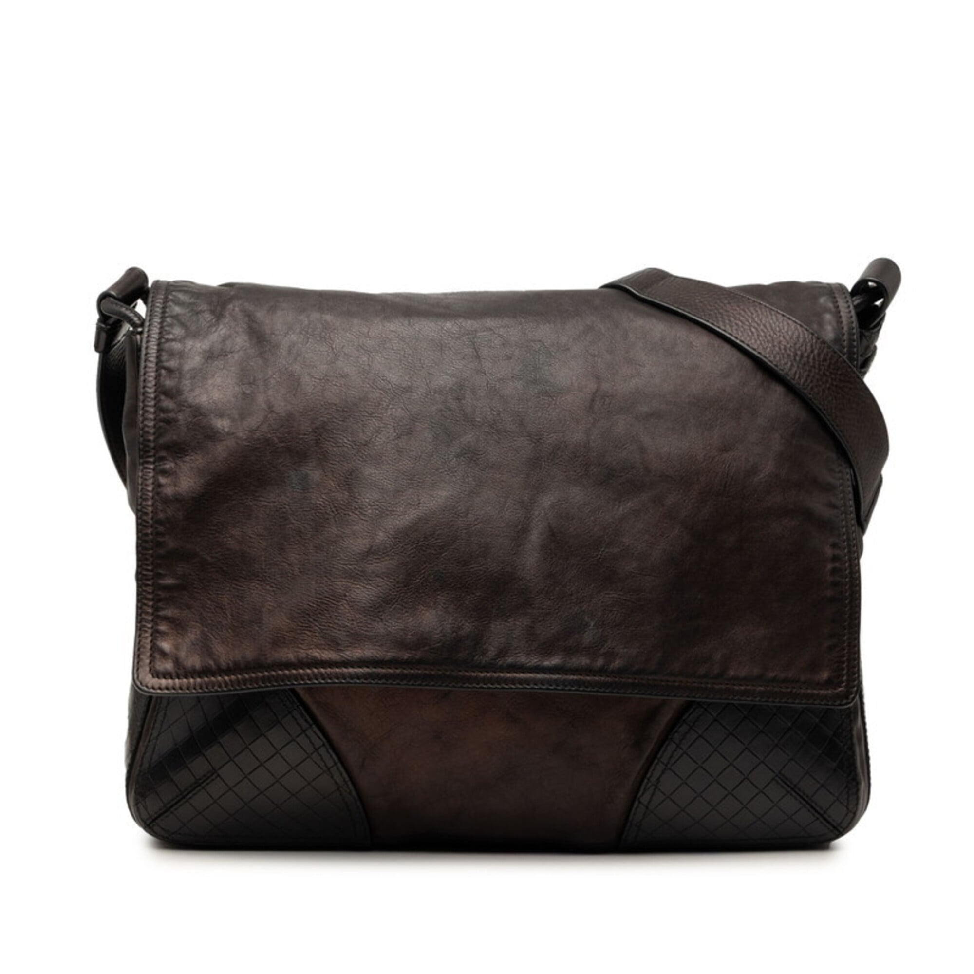 Bottega Veneta Black Intrecciato Messenger Bag Shoulder Bag (Pre-Owned)