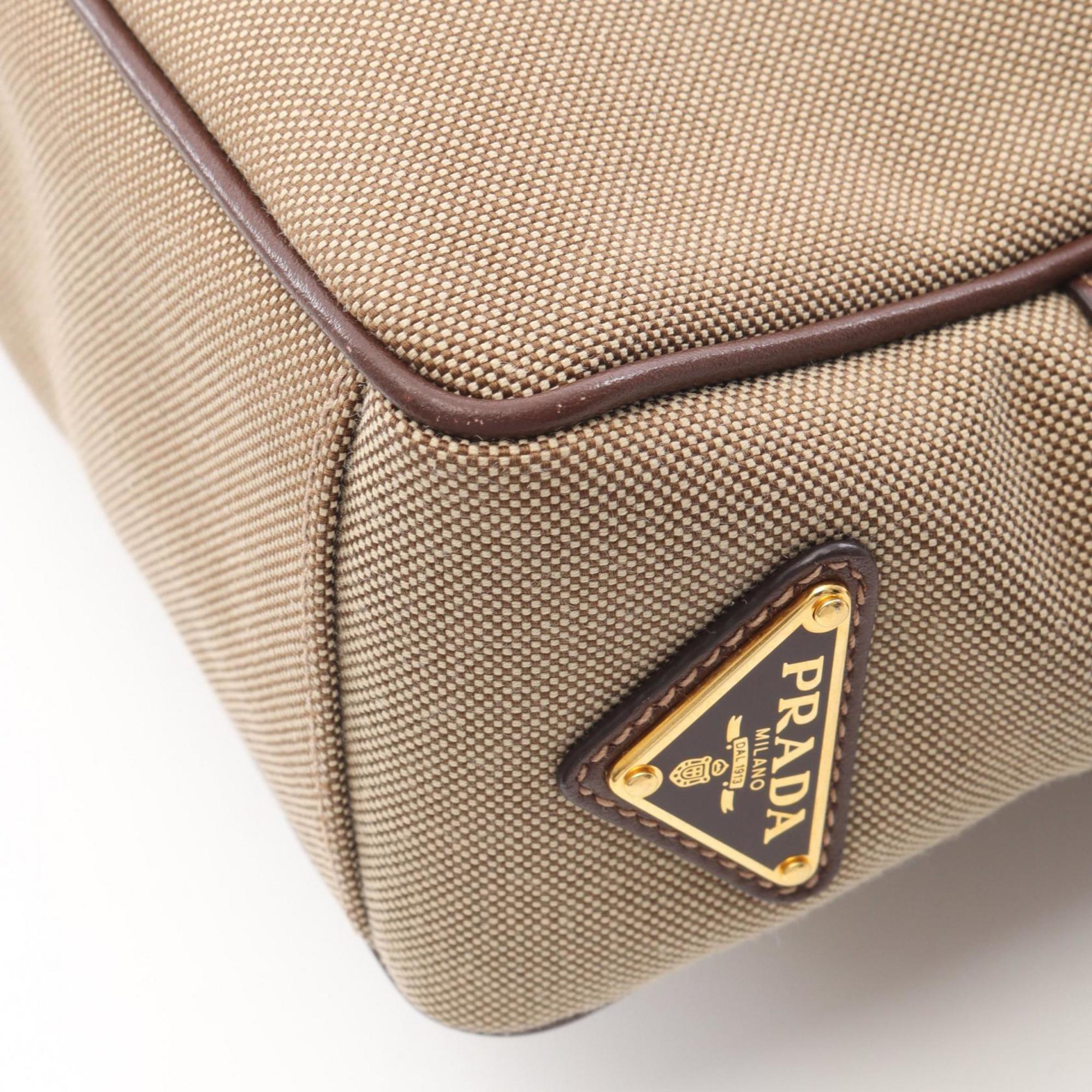 Prada Beige Brown Canvas Leather Handbag Shoulder Bag (Pre-Owned)
