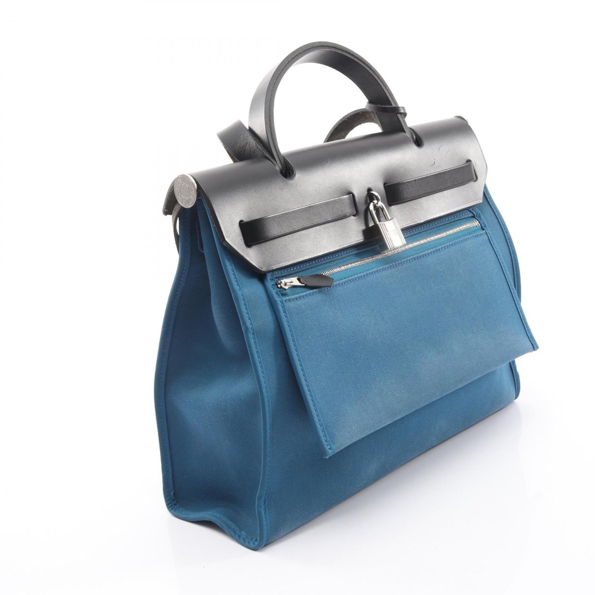 Hermes Black Blue Toile Officier Handbag (Pre-Owned)