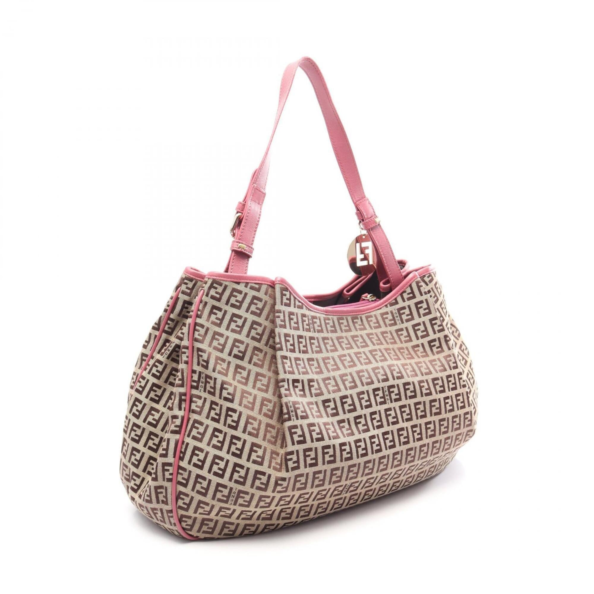 Fendi Beige Pink Canvas Leather Handbag Shoulder Bag (Pre-Owned)