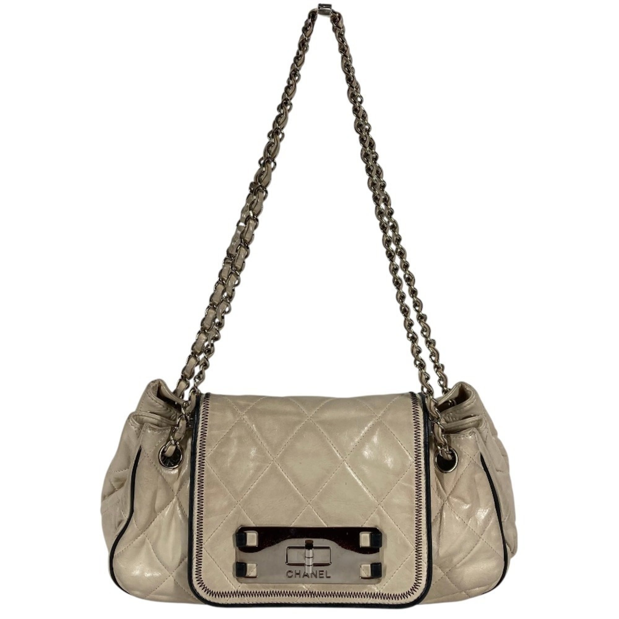 Chanel Beige Black Leather Shoulder Bag (Pre-Owned)