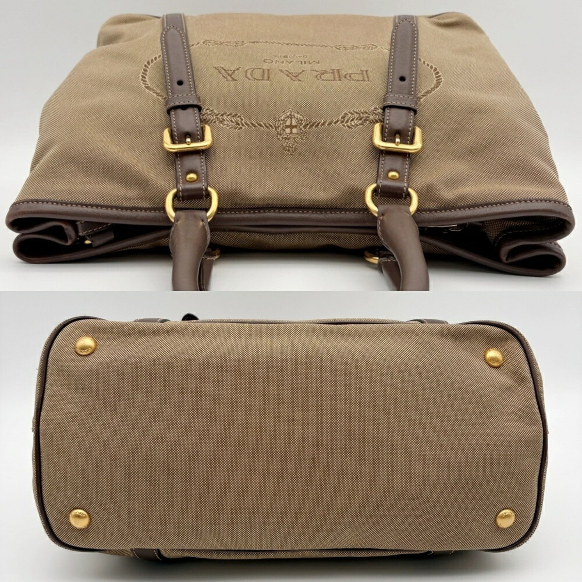 Prada Beige Dark Brown Canvas Leather Tote Bag (Pre-Owned)