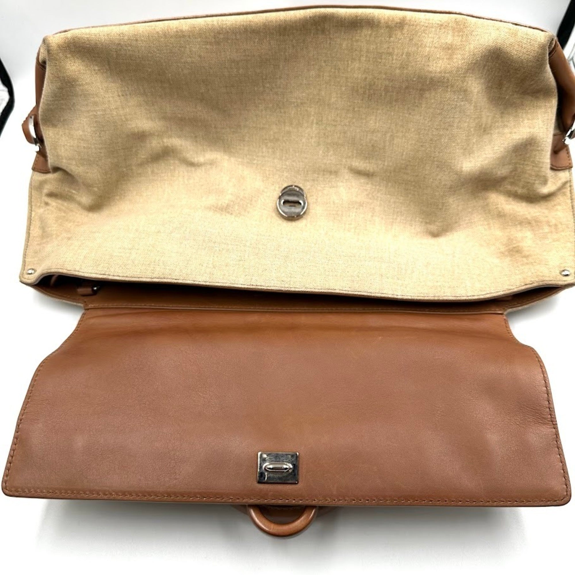 Salvatore Ferragamo Beige Brown Canvas Leather Handbag (Pre-Owned)
