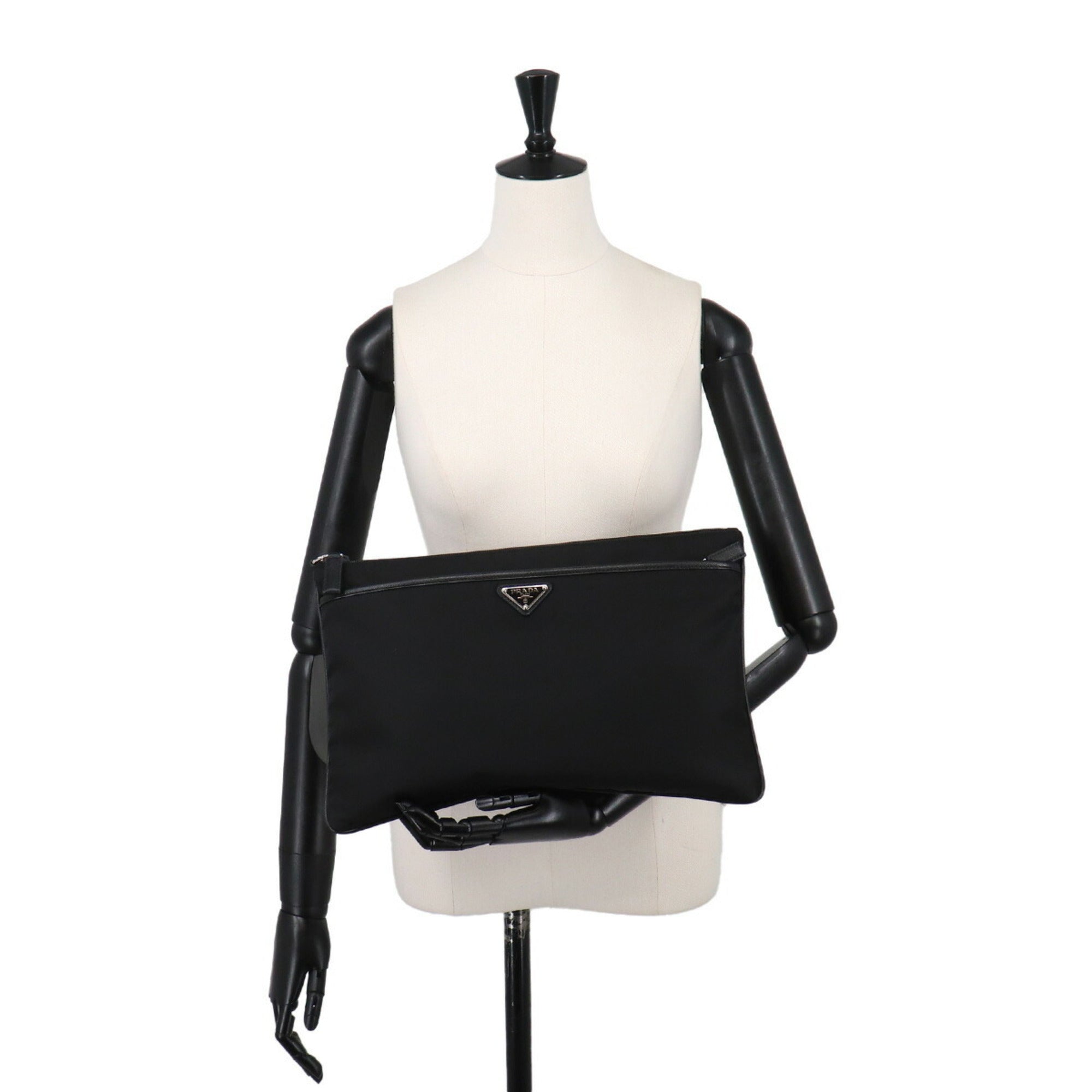 Prada Black Nylon Leather Clutch Bag Handbag (Pre-Owned)