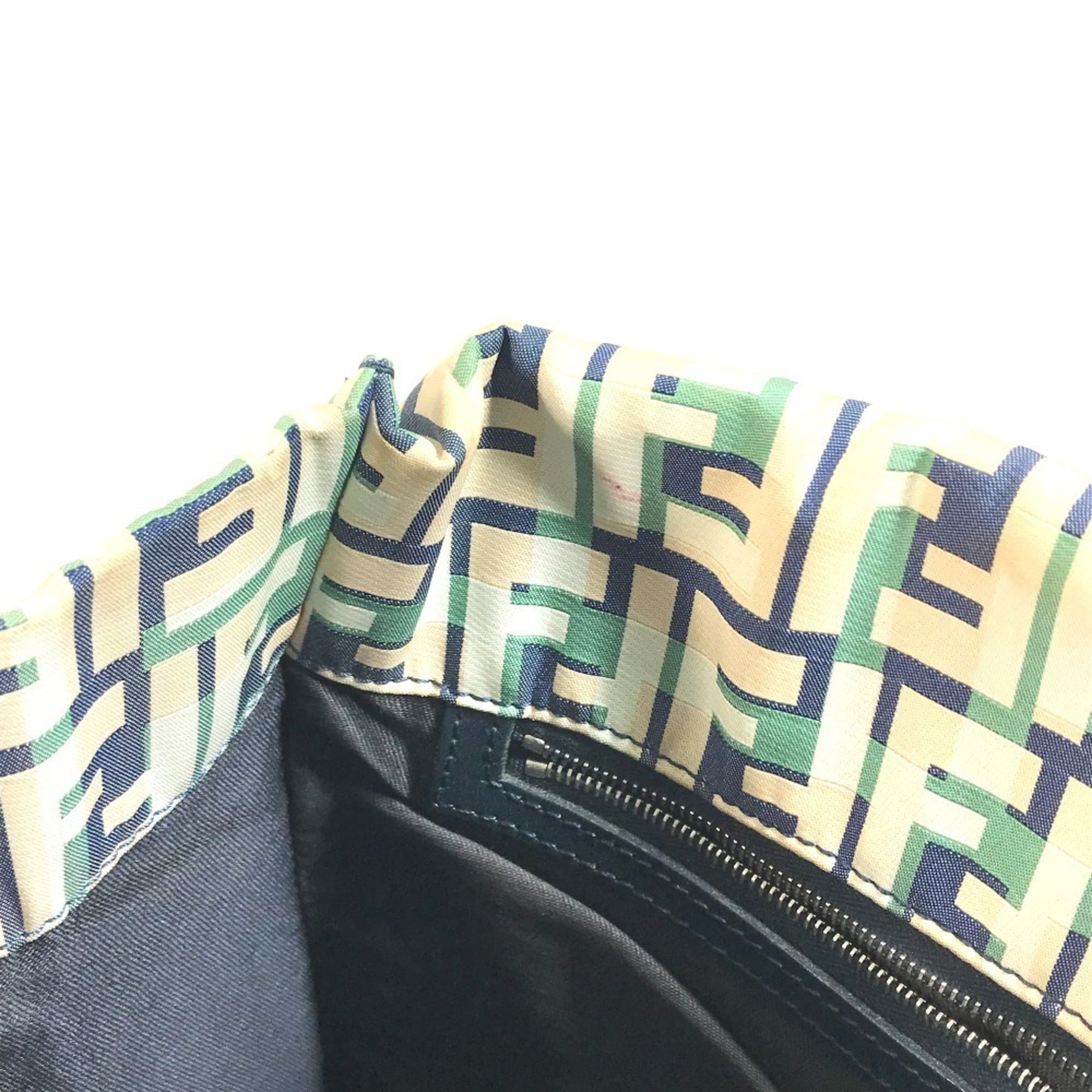 Fendi Beige Blue Green Leather Canvas Shoulder Bag Tote Bag (Pre-Owned)