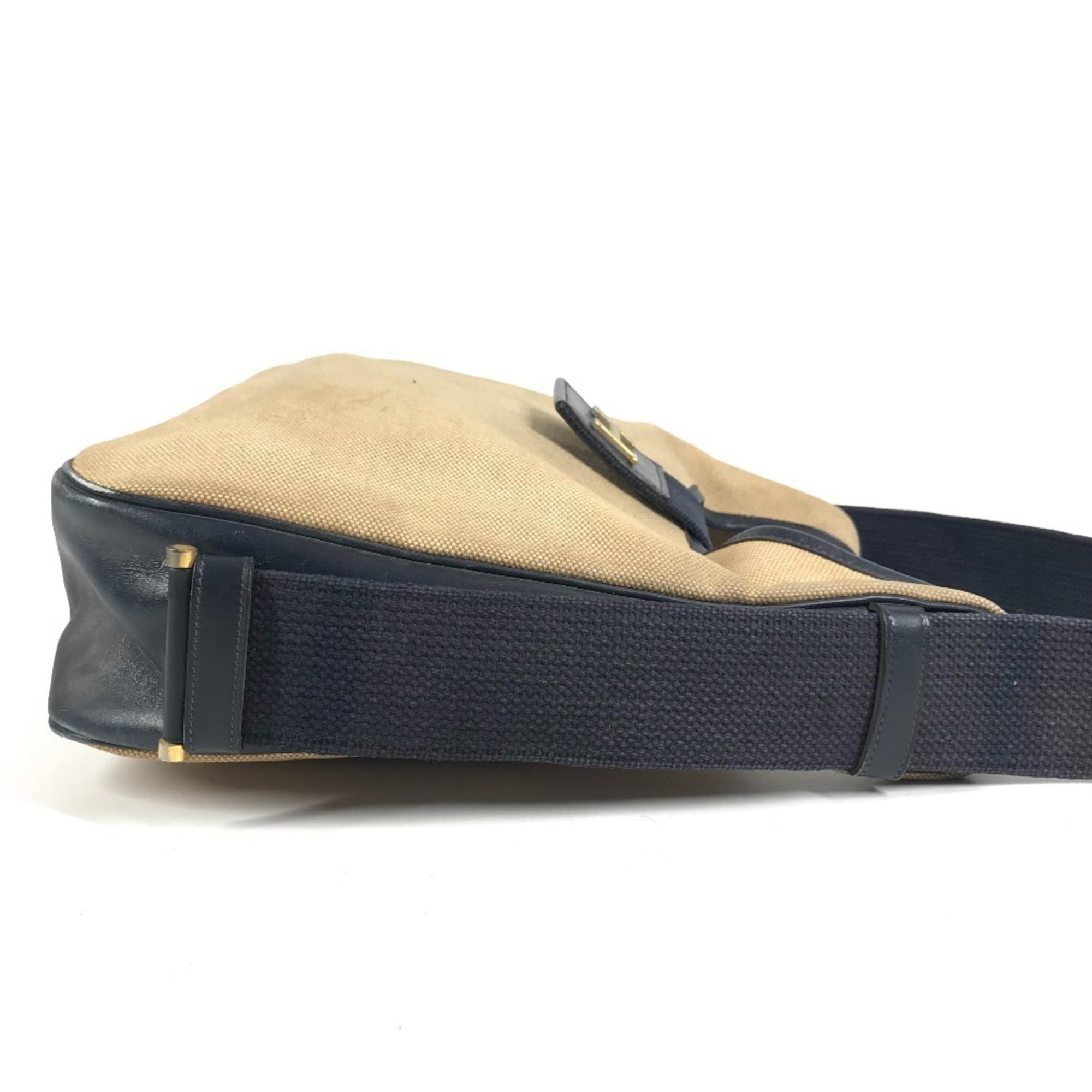 Hermes Beige Navy Leather Canvas Shoulder Bag (Pre-Owned)