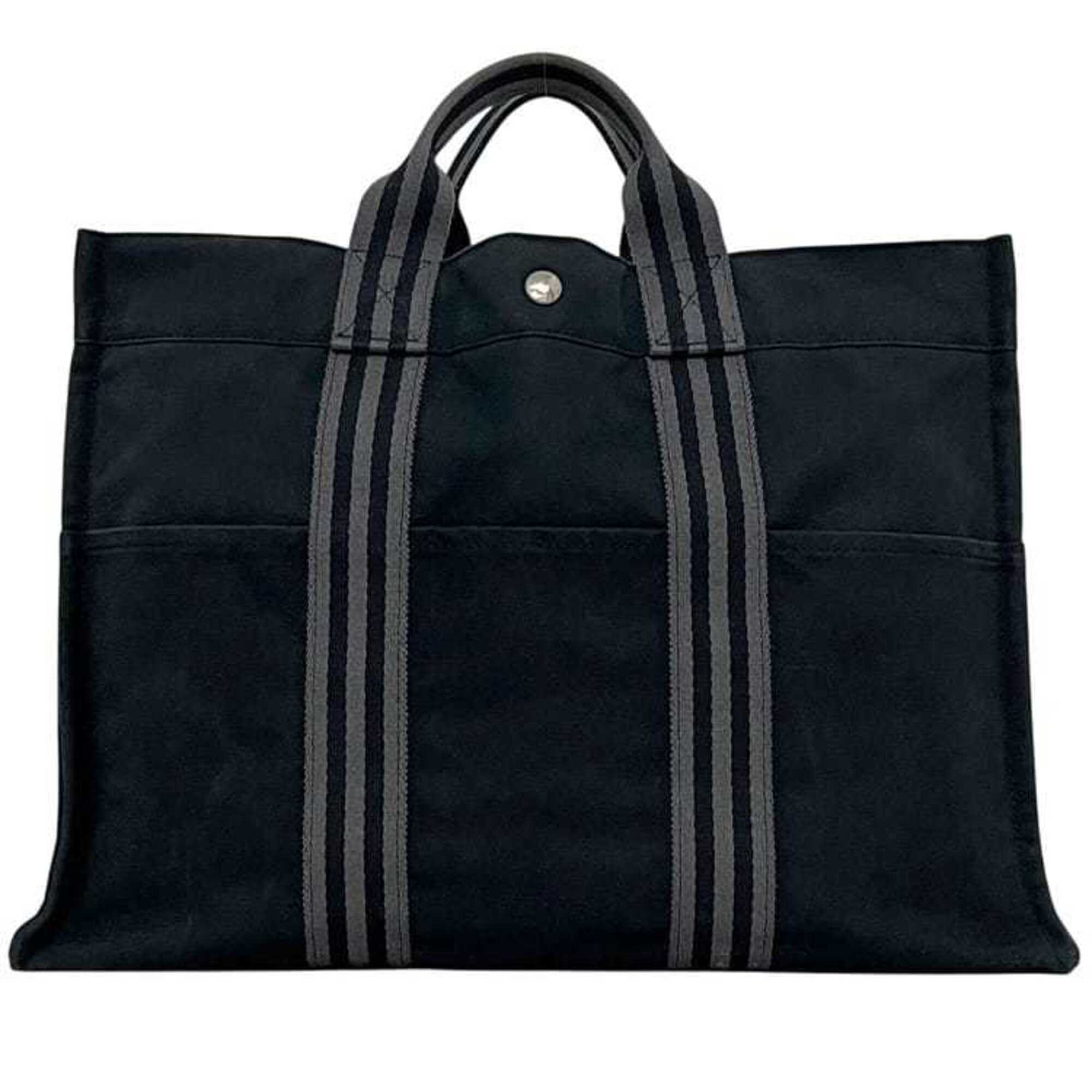 Hermes Fourre Tout Black Gray Cotton Canvas Tote Bag (Pre-Owned)