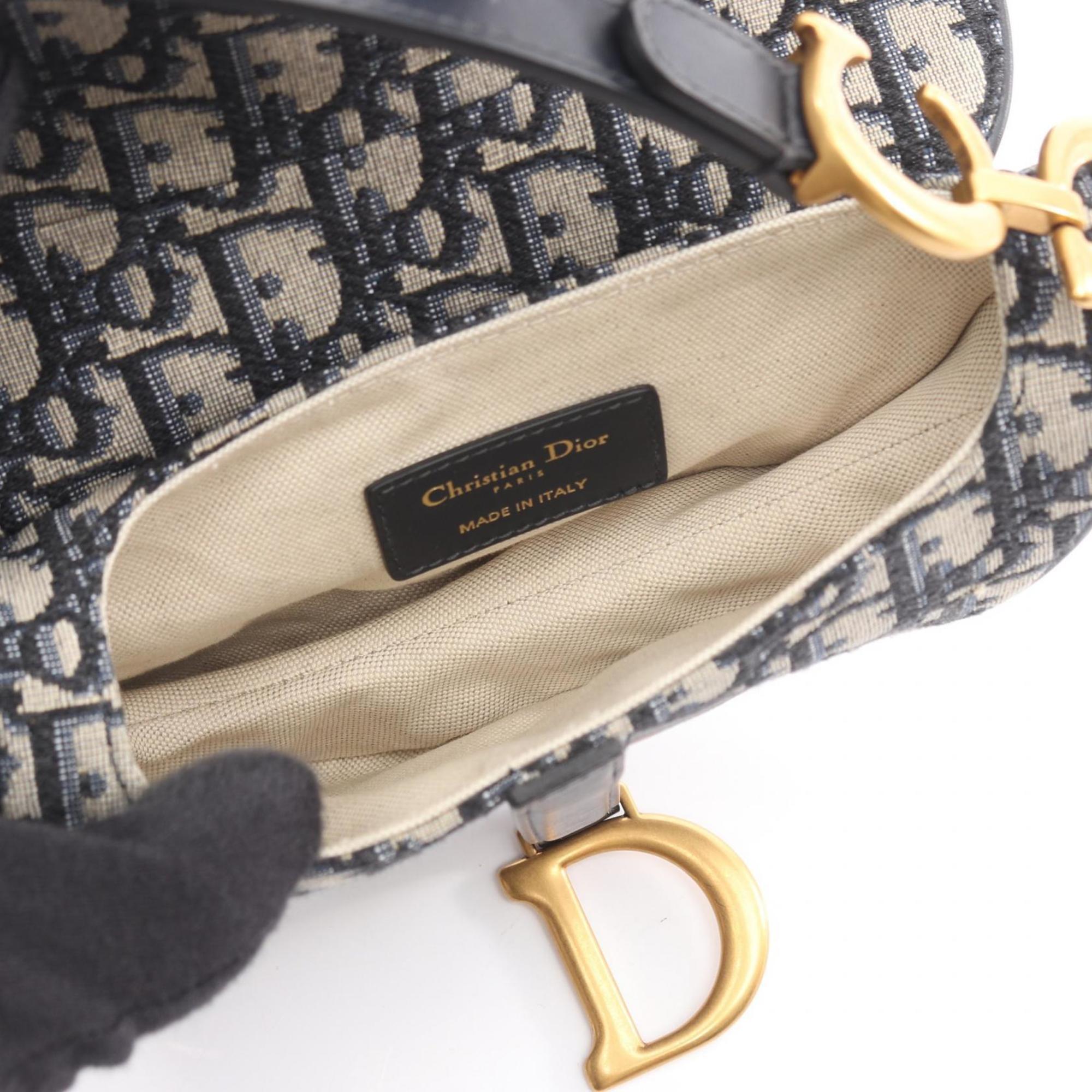 Christian Dior Beige Black Navy Canvas Leather Handbag Saddle Bag (Pre-Owned)