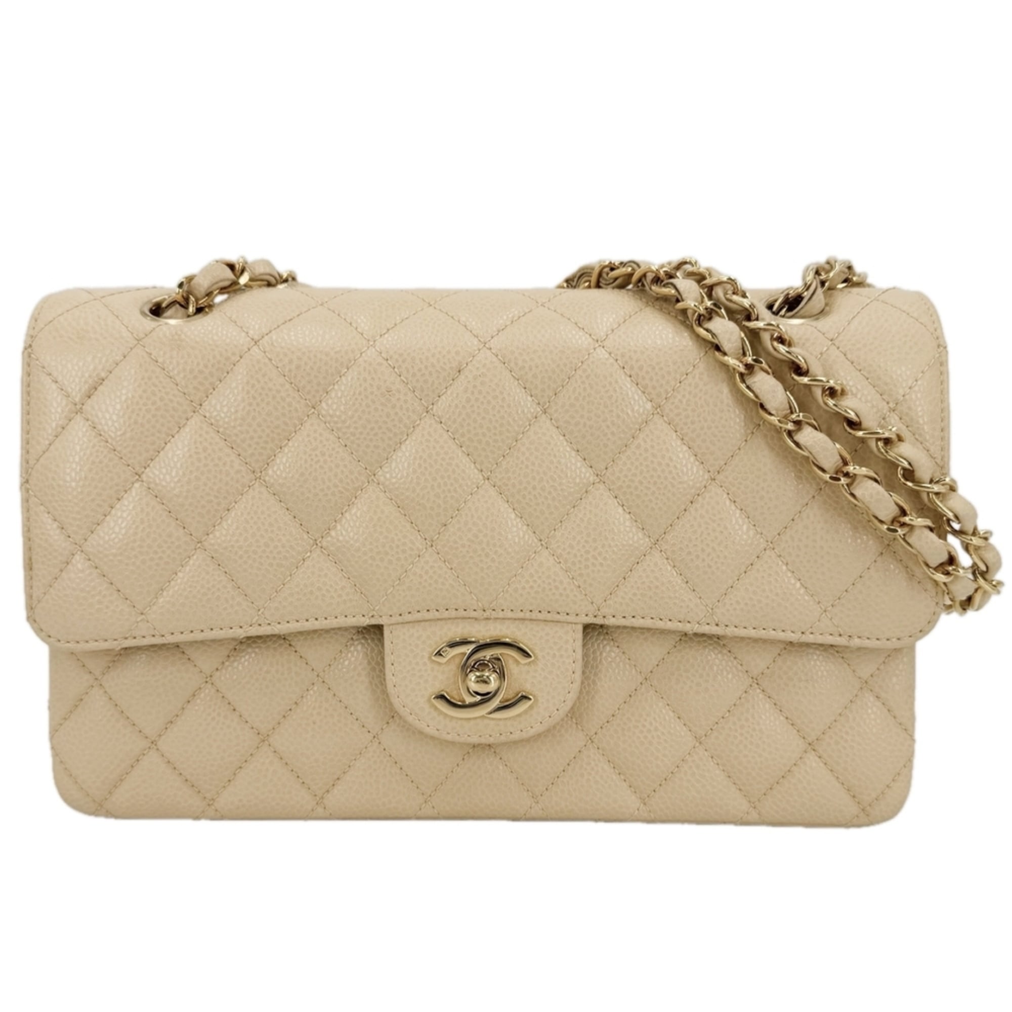 Chanel Beige Beige Gold Grained Calfskin Shoulder Bag (Pre-Owned)