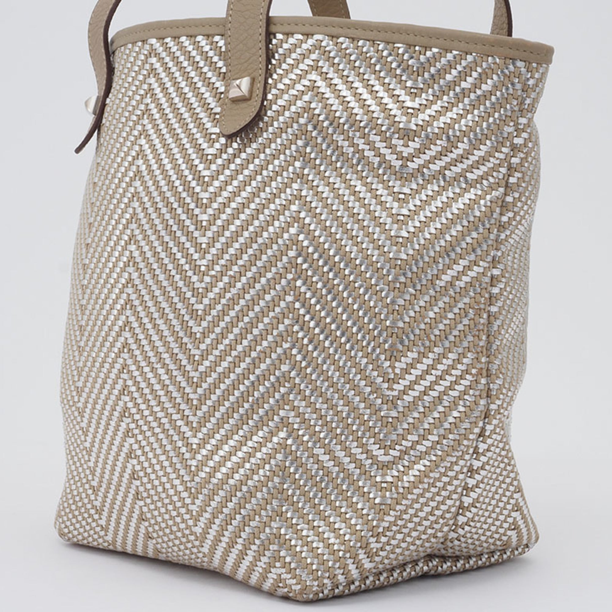 Hermes Beige Silver Polyester Leather Handbag Tote Bag (Pre-Owned)