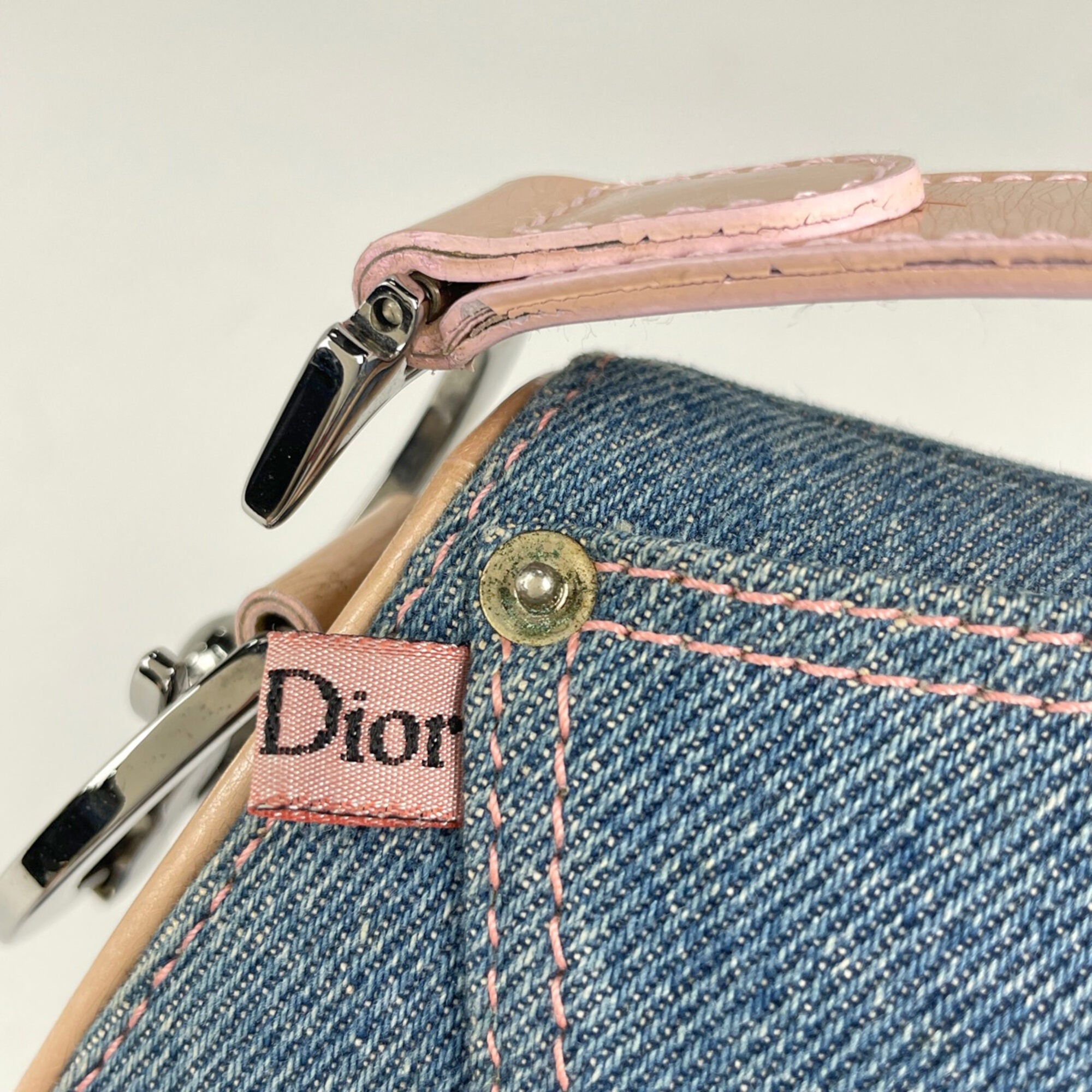 Christian Dior Blue Pink Denim Leather Saddle Bag (Pre-Owned)
