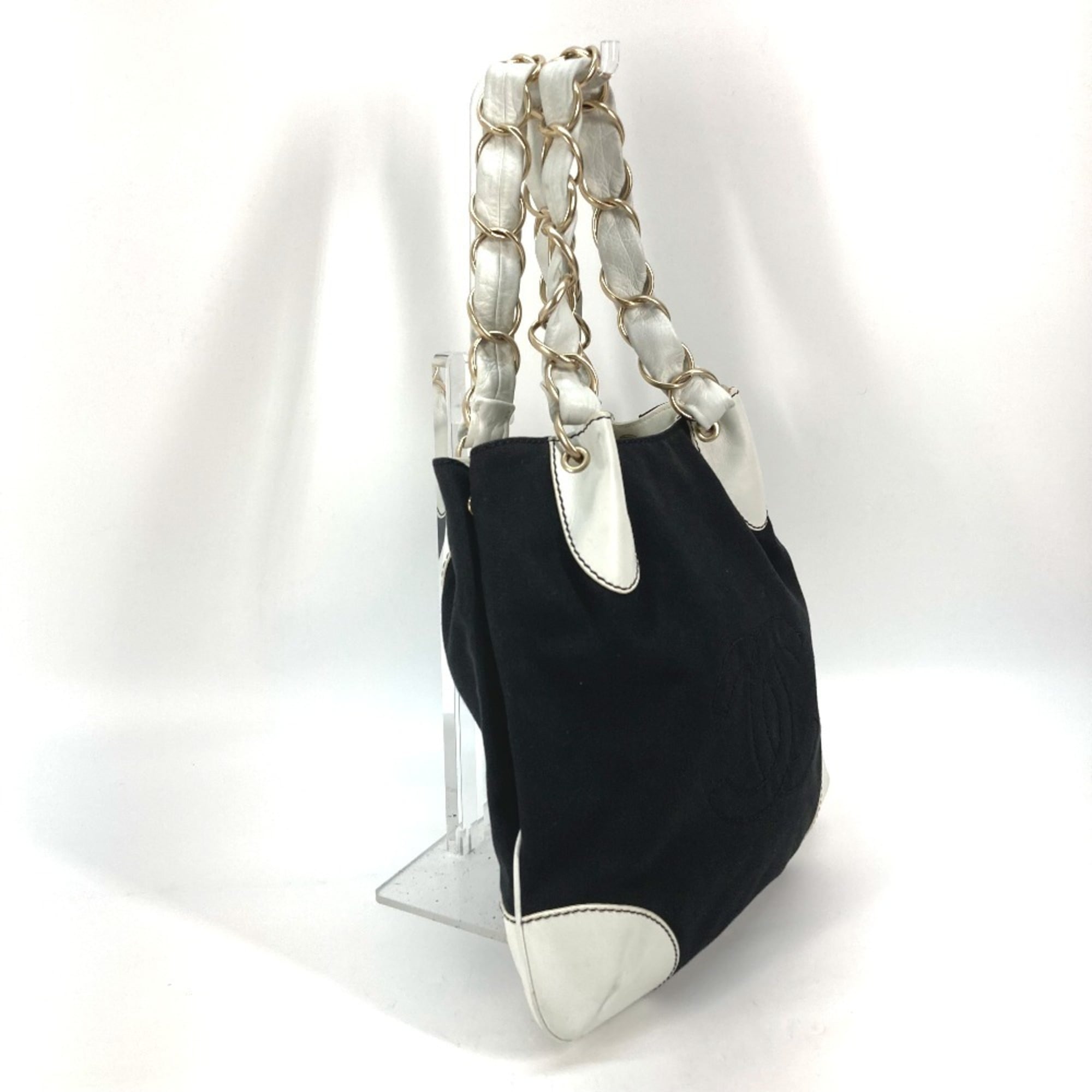 Chanel Black White Canvas Leather Shoulder Bag Tote Bag (Pre-Owned)