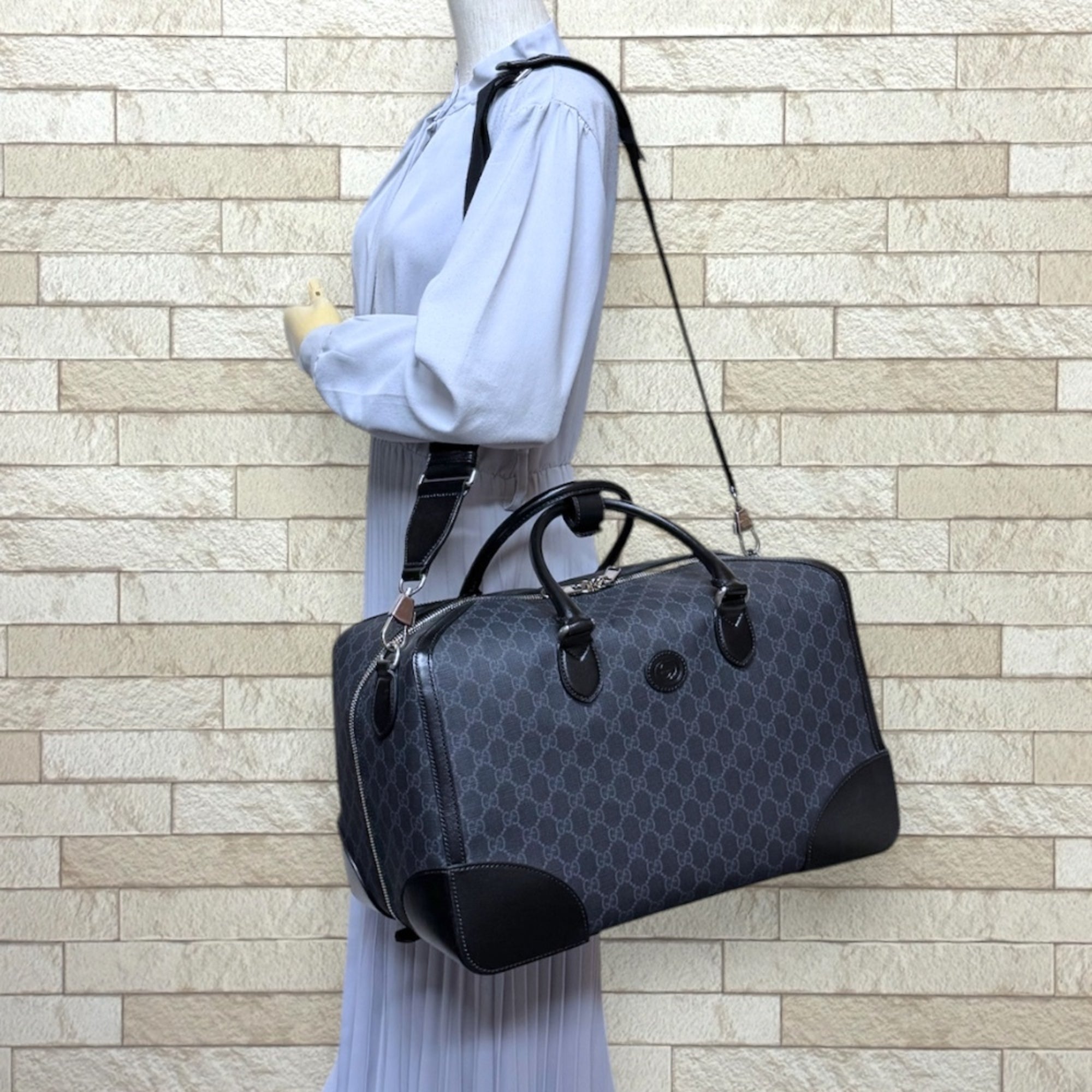 Gucci Black Gray Gg Supreme Boston Bag (Pre-Owned)