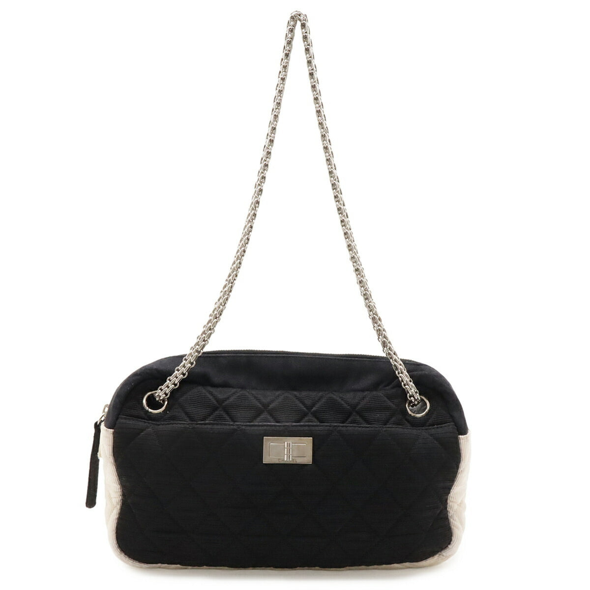 Chanel 2.55 Black Ivory Satin Canvas Shoulder Bag (Pre-Owned)