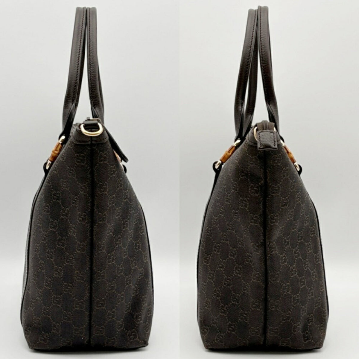 Gucci Dark Brown Canvas Bamboo Leather Tote Bag (Pre-Owned)