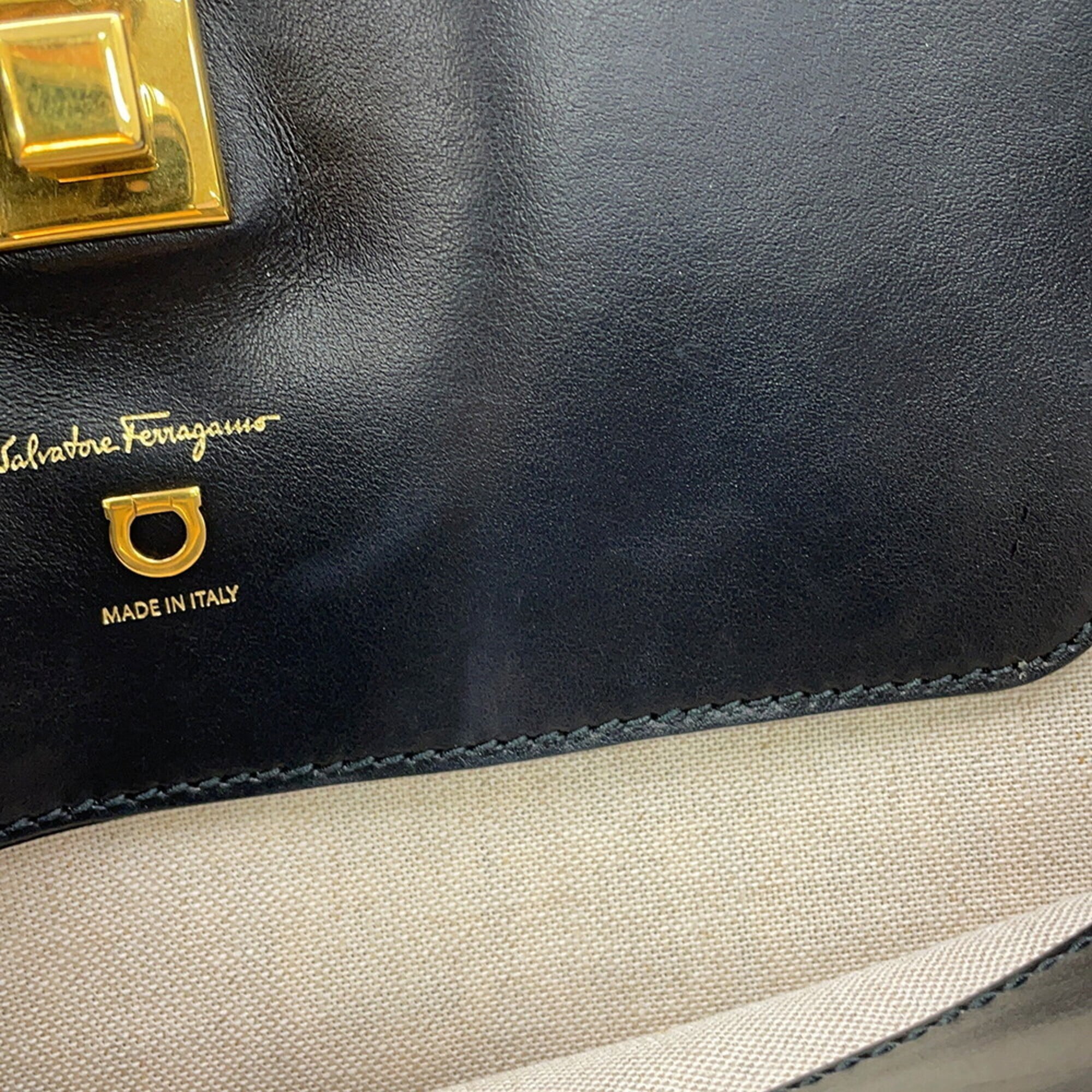 Salvatore Ferragamo Beige Black Canvas Leather Handbag Pouch Tote Bag (Pre-Owned)