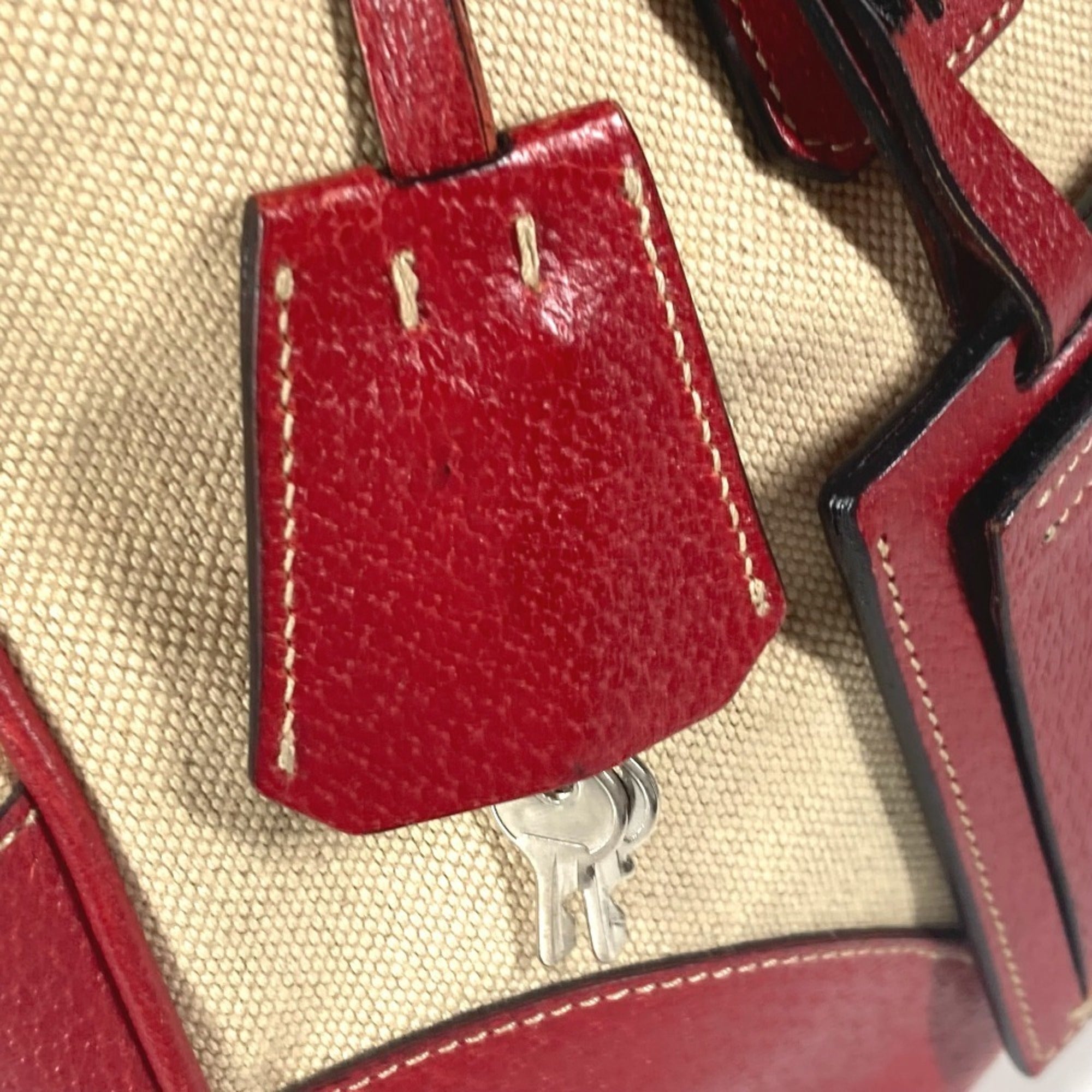 Prada Beige Red Color Leather Canvas Boston Bag Shoulder Bag (Pre-Owned)
