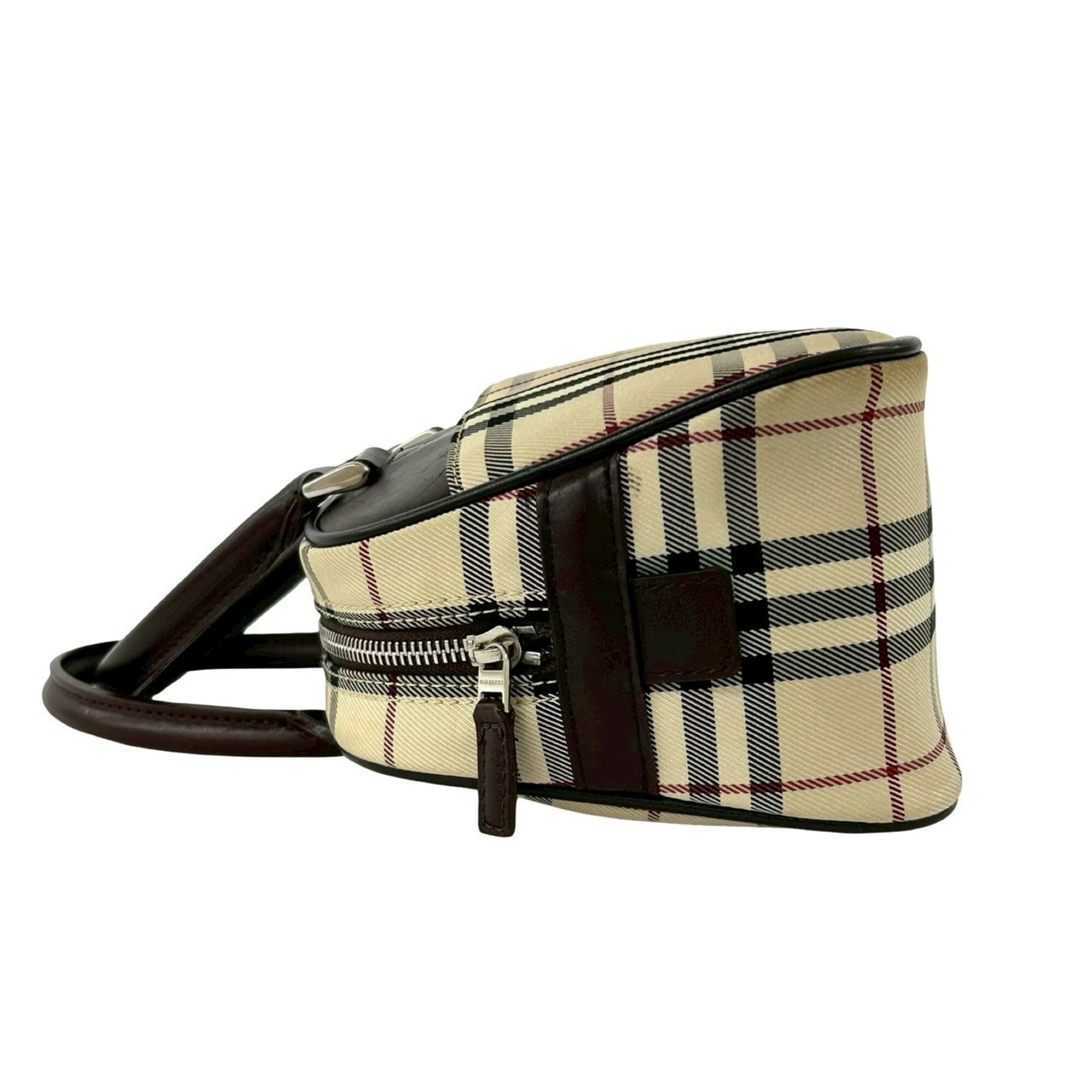 Burberry Beige Brown Leather Canvas Boston Bag Handbag (Pre-Owned)