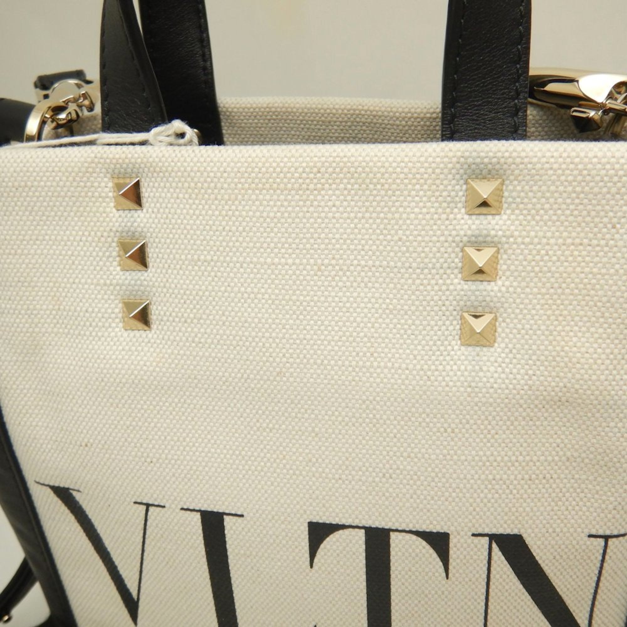 Valentino Garavani Black White Canvas Leather Tote Bag (Pre-Owned)