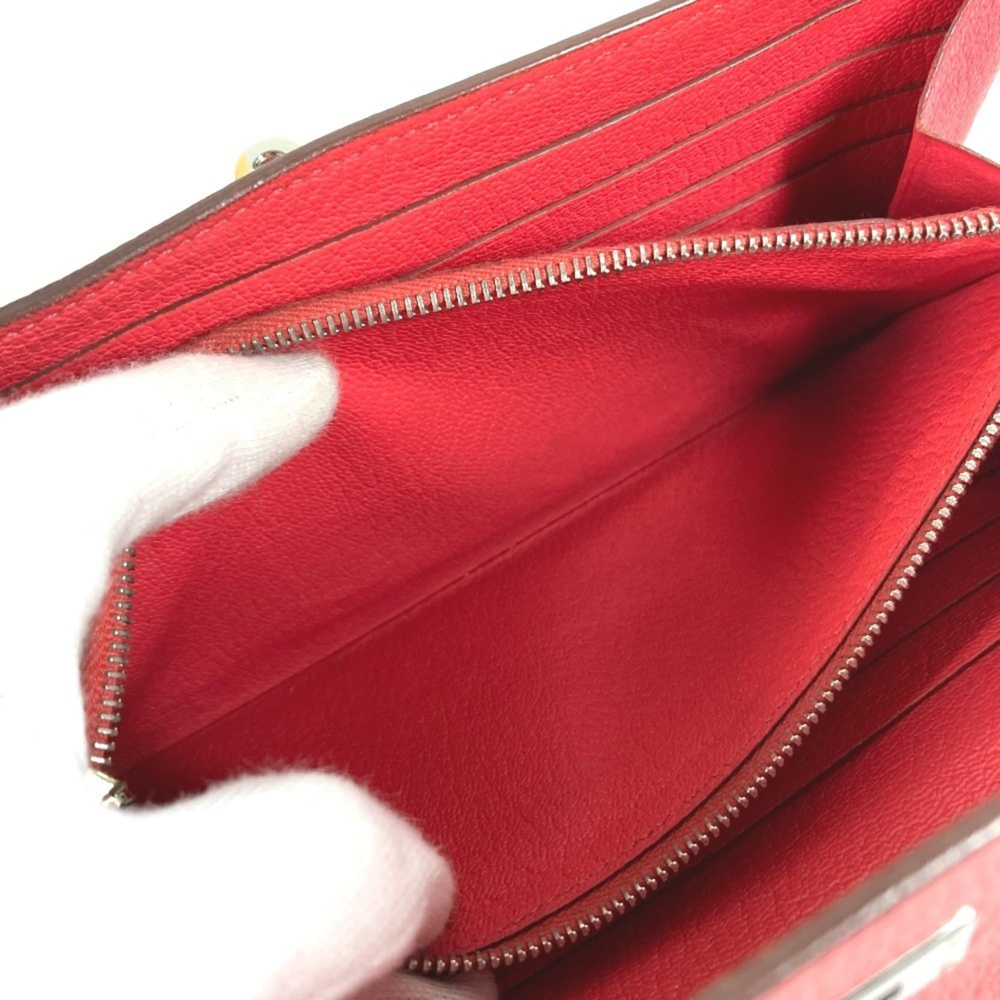 Hermes Red Color Chevre Leather Long Wallet (Bi-Fold) (Pre-Owned)