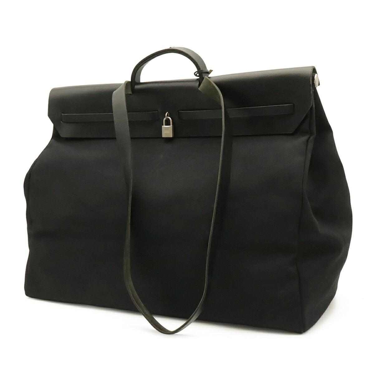 Hermes Her Bag Black Toile Officier Leather Handbag Shoulder Bag (Pre-Owned)