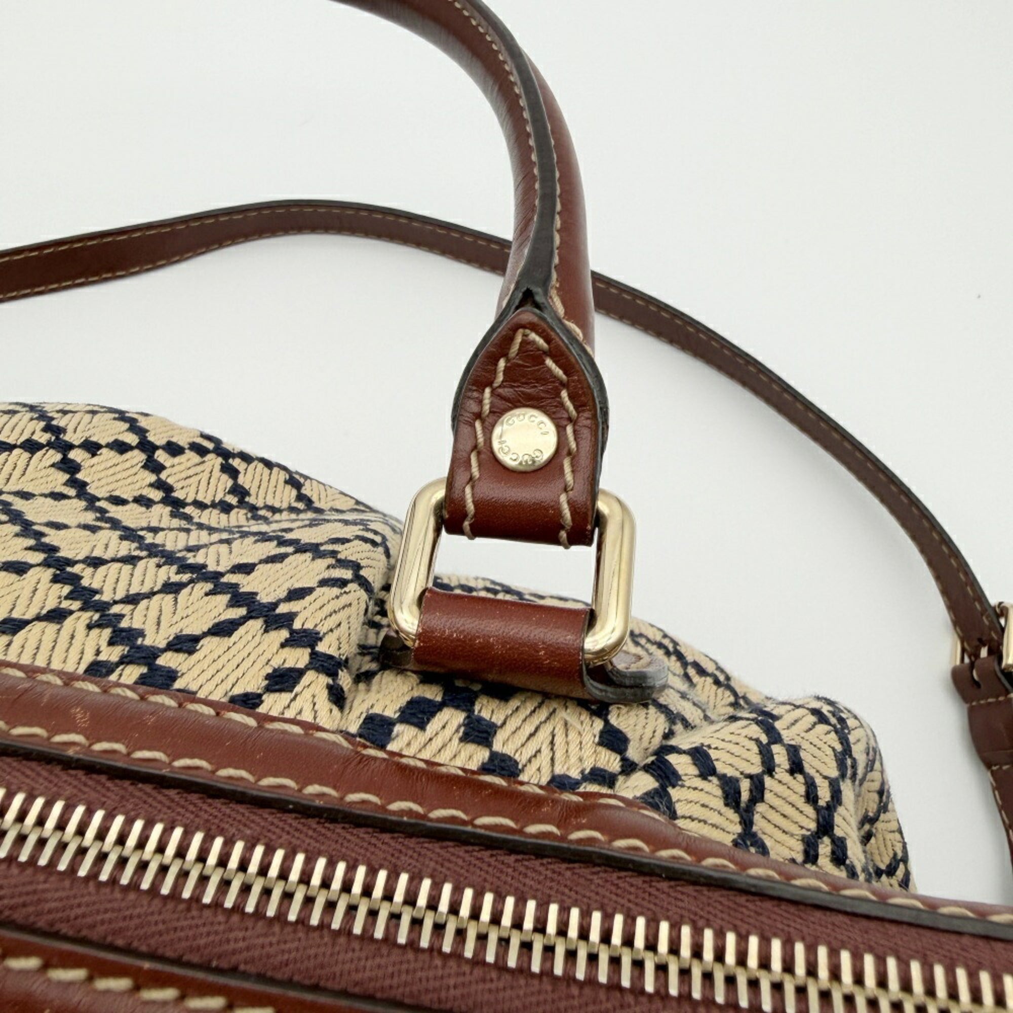 Gucci Beige Brown Canvas Leather Shoulder Bag (Pre-Owned)