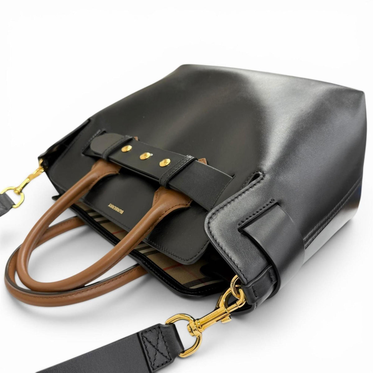 Burberry Black Brown Leather Cotton Polyester Shoulder Bag Tote Bag (Pre-Owned)