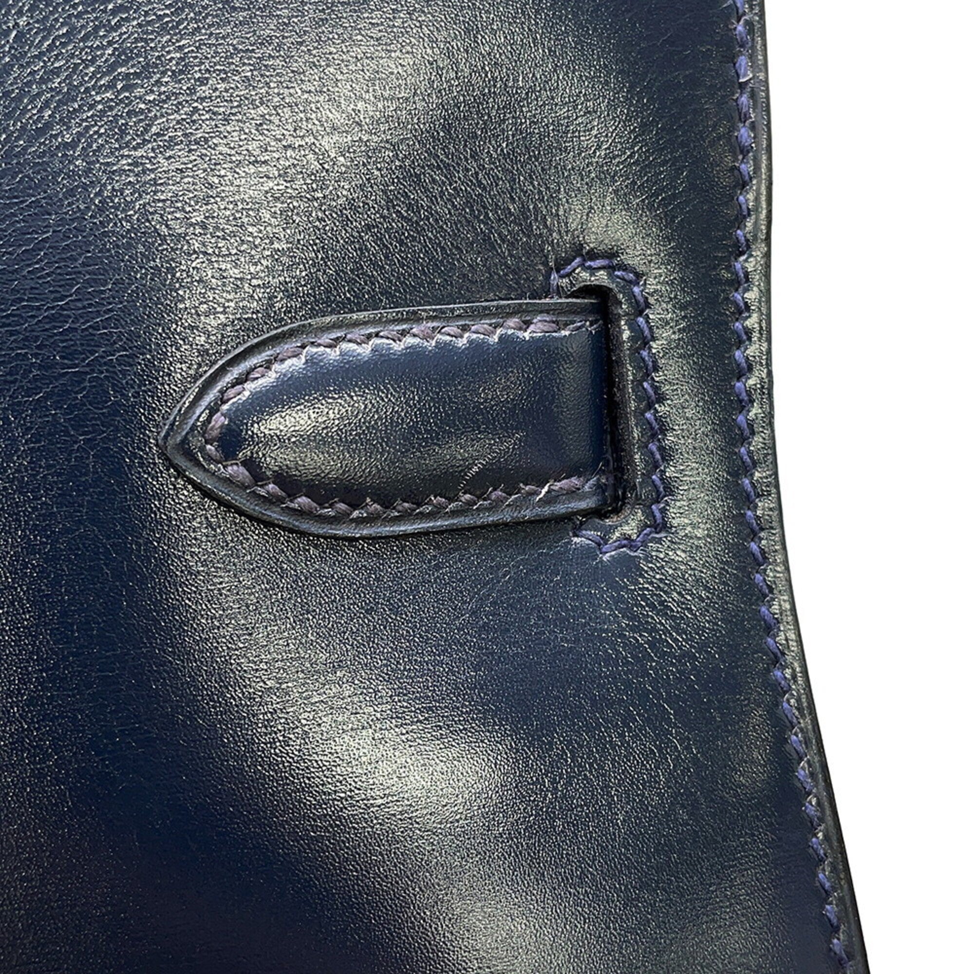 Hermes Kelly Blue Indigo Box Calf Leather Handbag (Pre-Owned)