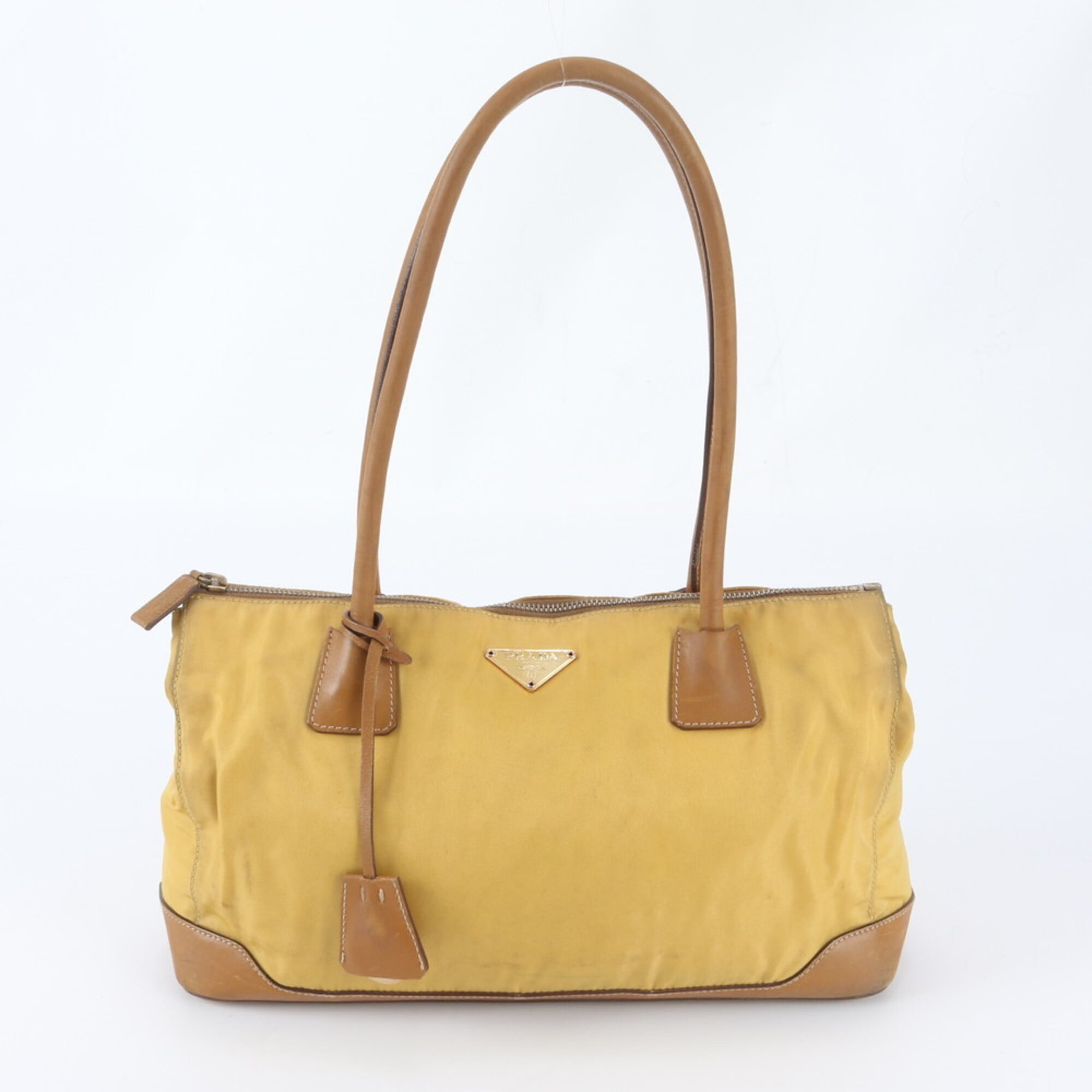 Prada Brown Yellow Nylon Leather Handbag Shoulder Bag Tote Bag (Pre-Owned)