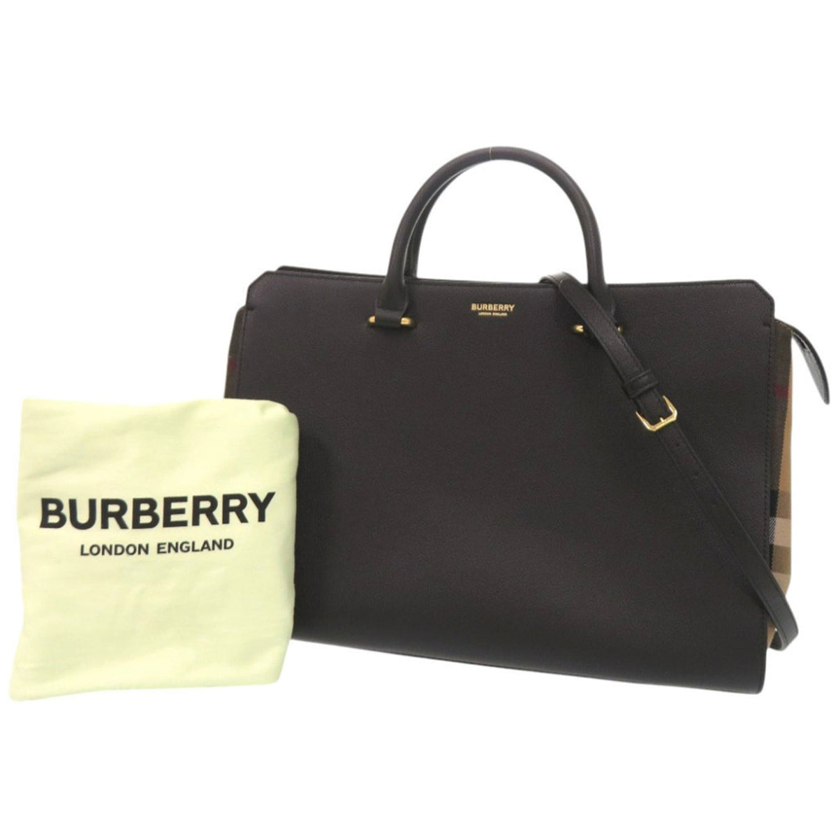 Burberry Black Leather Canvas Handbag Shoulder Bag Tote Bag (Pre-Owned)