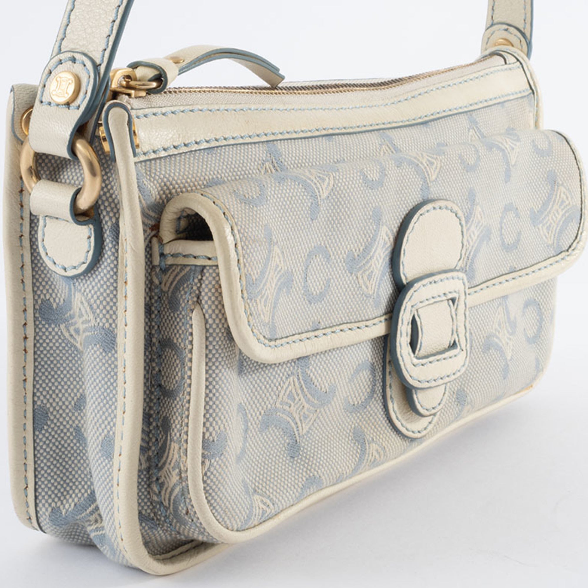 Celine Macadam Blue White Canvas Leather Shoulder Bag (Pre-Owned)