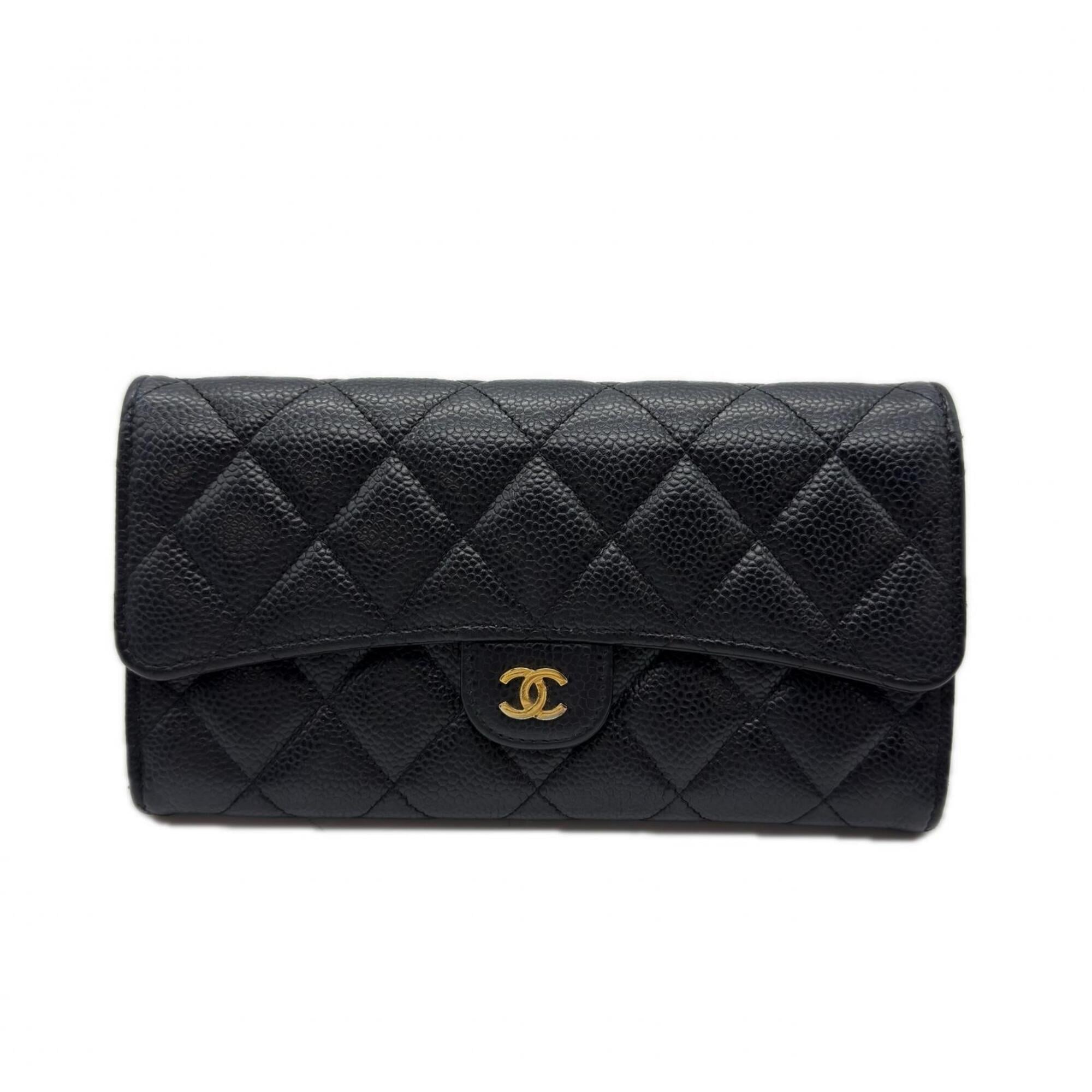 Chanel Black Grained Calfskin Long Wallet (Bi-Fold) (Pre-Owned)