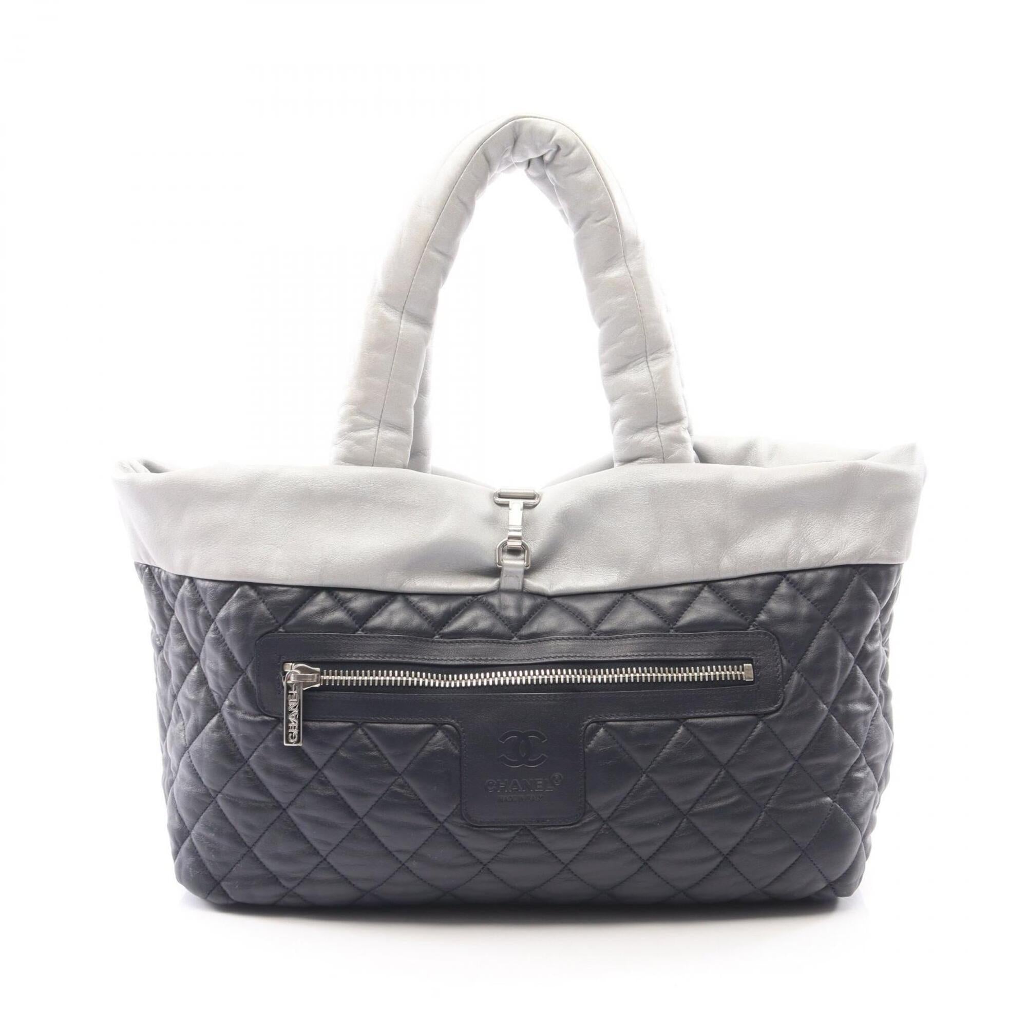 Chanel Navy Silver Leather Handbag Tote Bag (Pre-Owned)