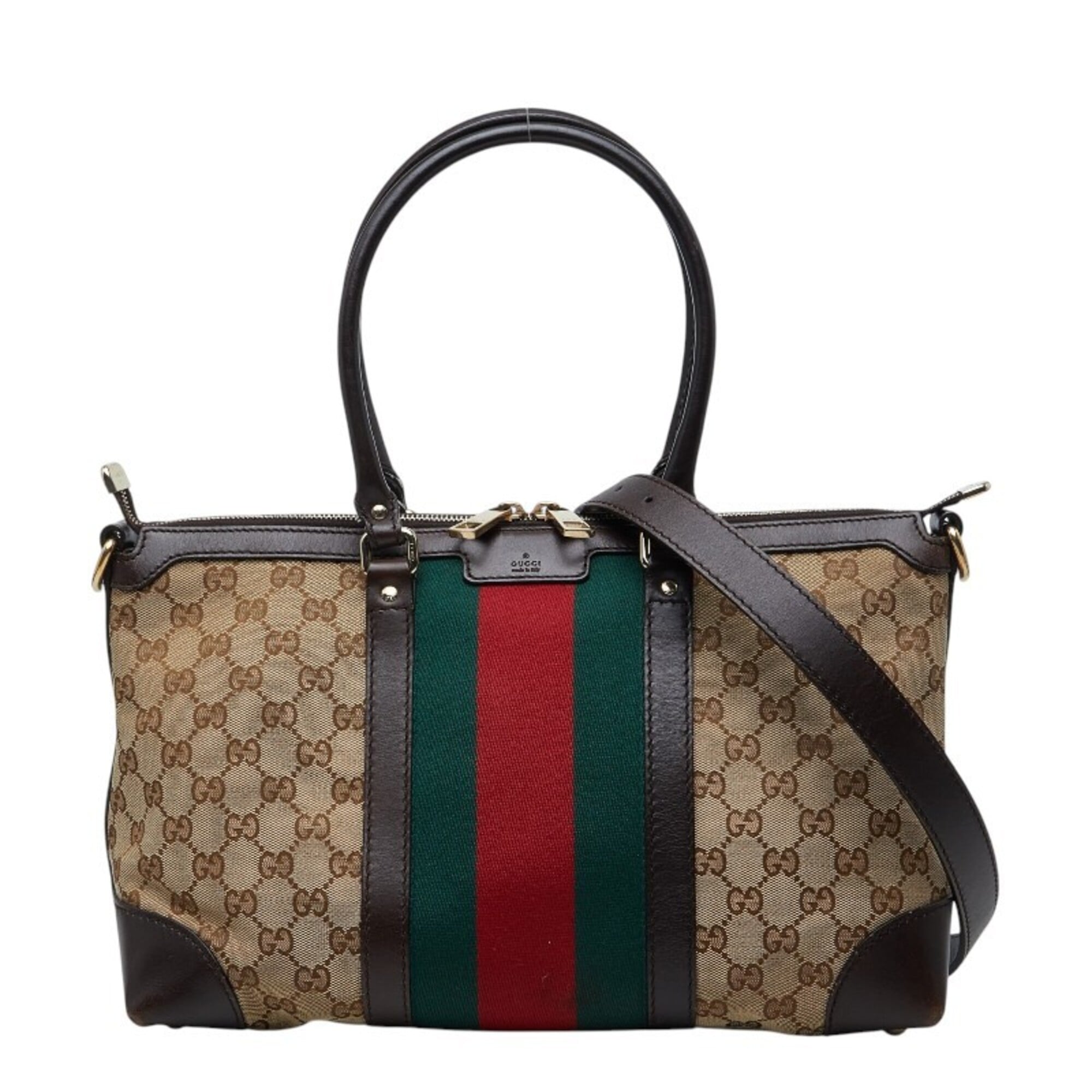 Gucci Beige Brown Canvas Leather Handbag Shoulder Bag (Pre-Owned)