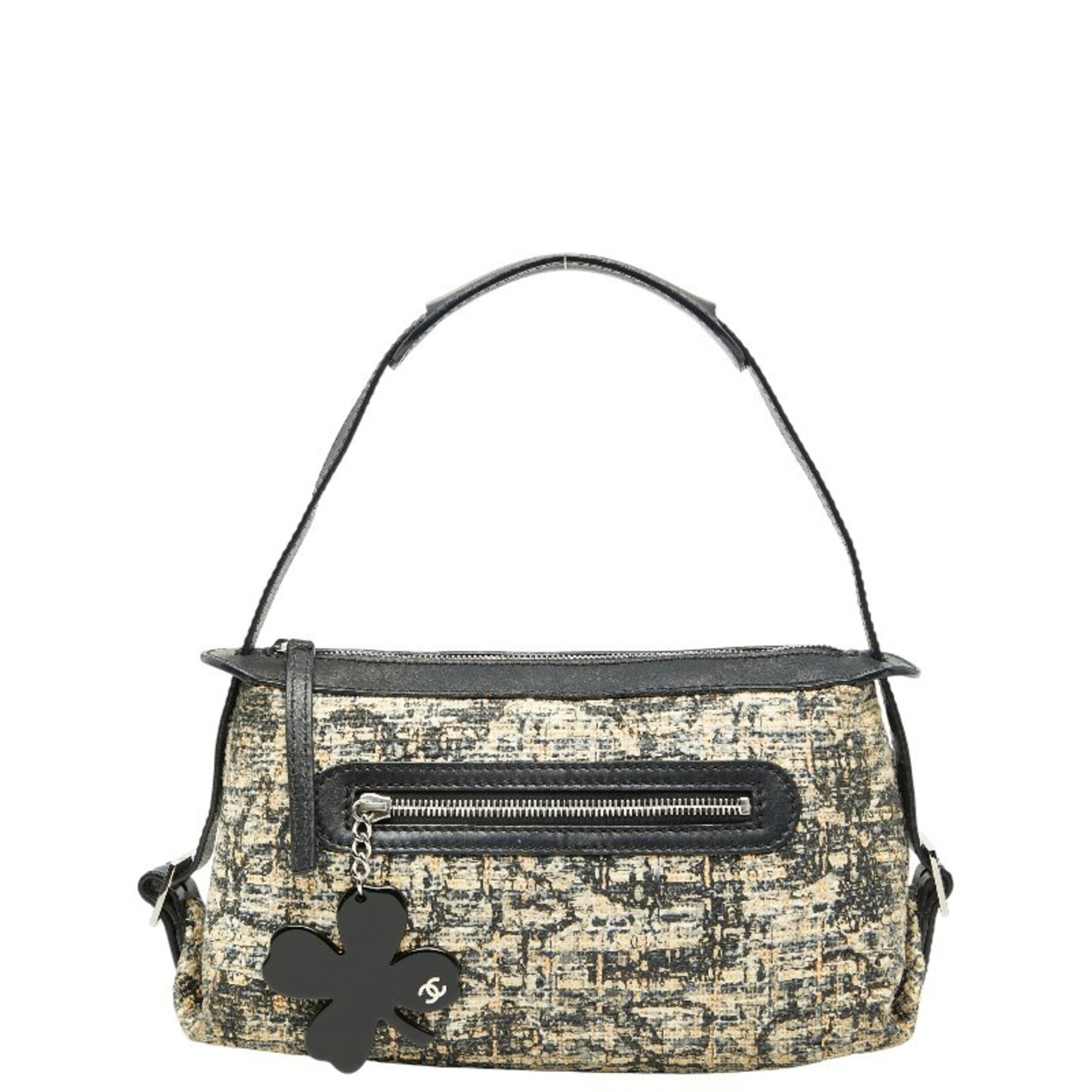 Chanel Beige Black Tweed Leather Handbag Shoulder Bag (Pre-Owned)