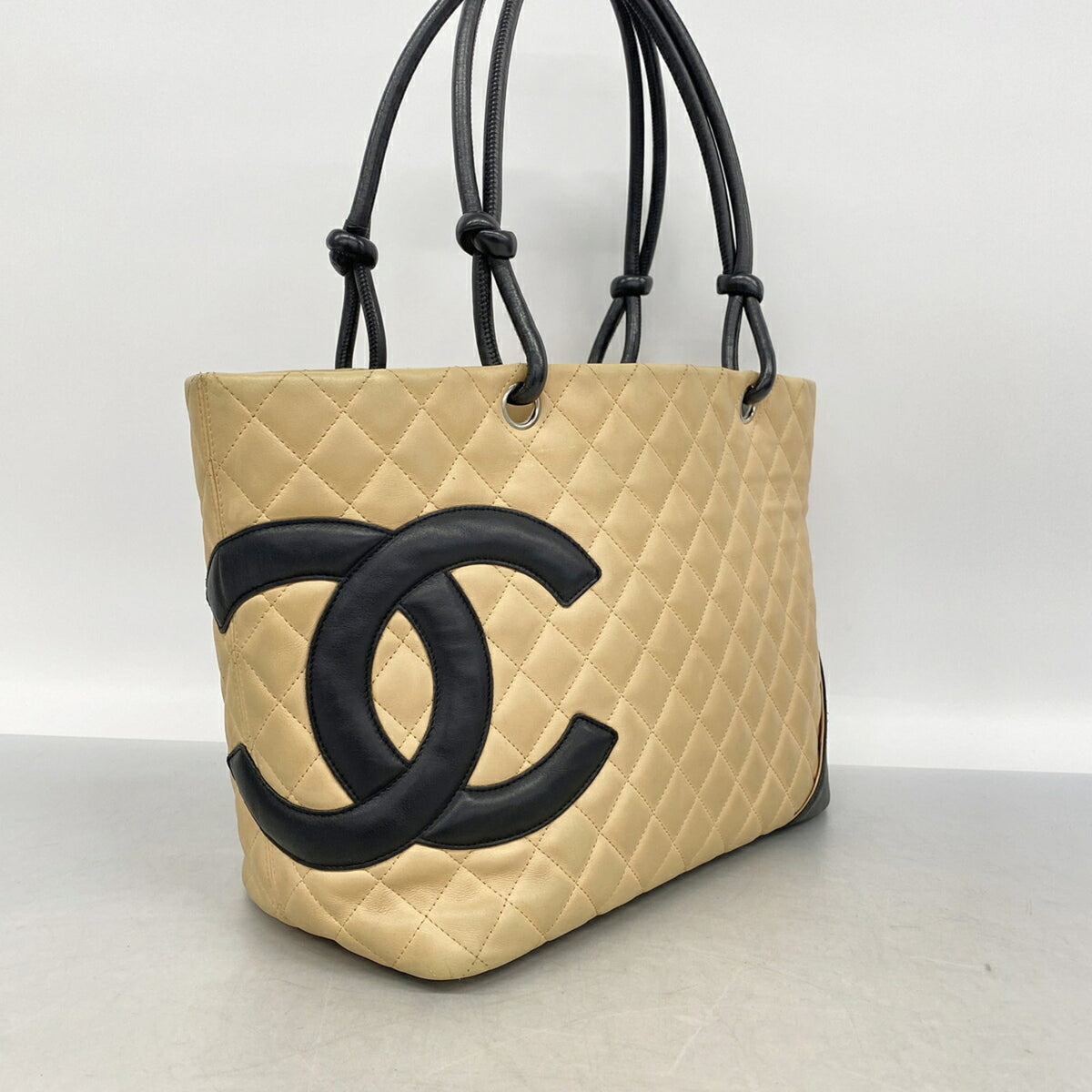 Chanel Beige Black Leather Tote Bag (Pre-Owned)