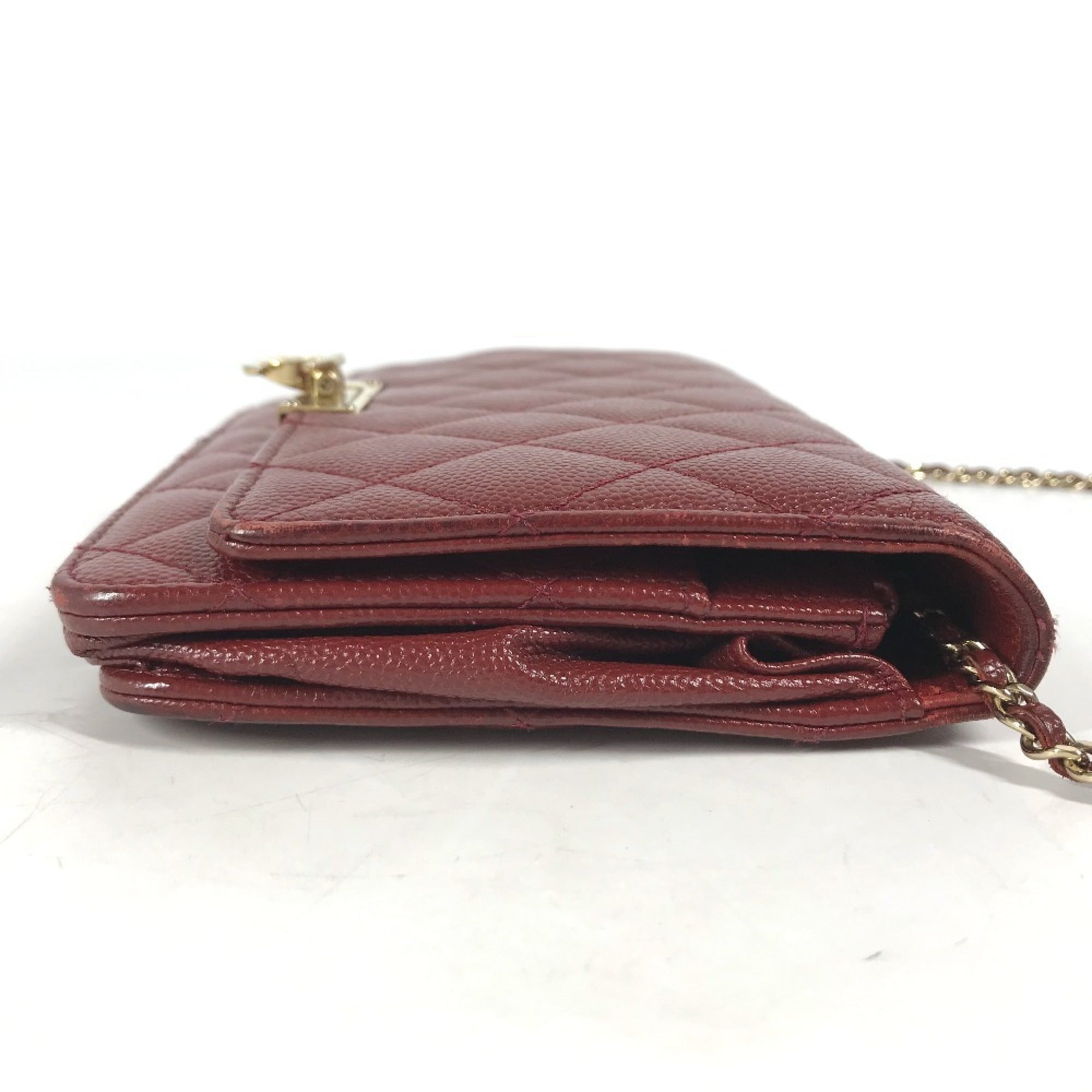 Chanel Red Color Grained Calfskin Chain/Shoulder Wallet (Pre-Owned)