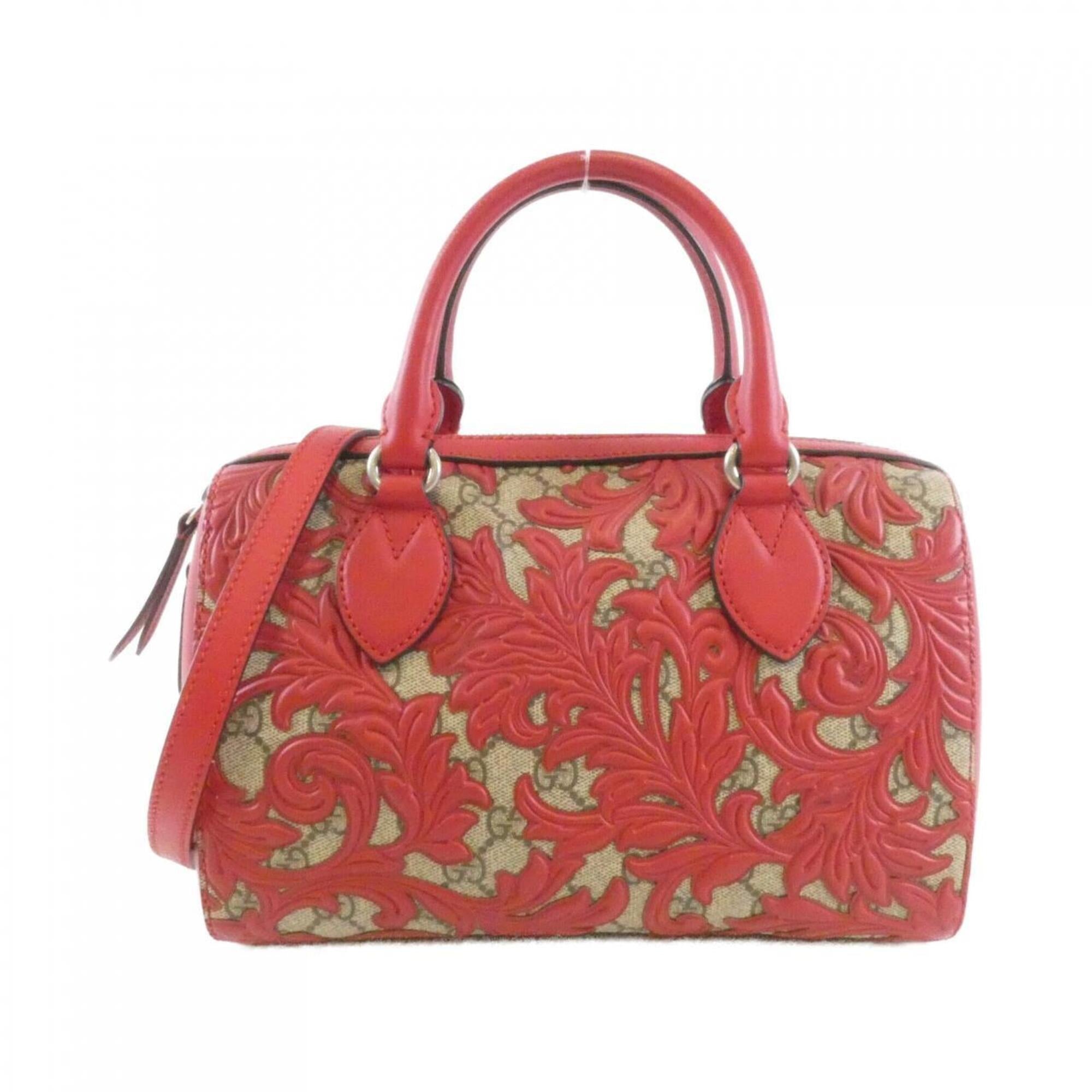 Gucci Beige Red Color Gg Supreme Canvas Leather Handbag (Pre-Owned)