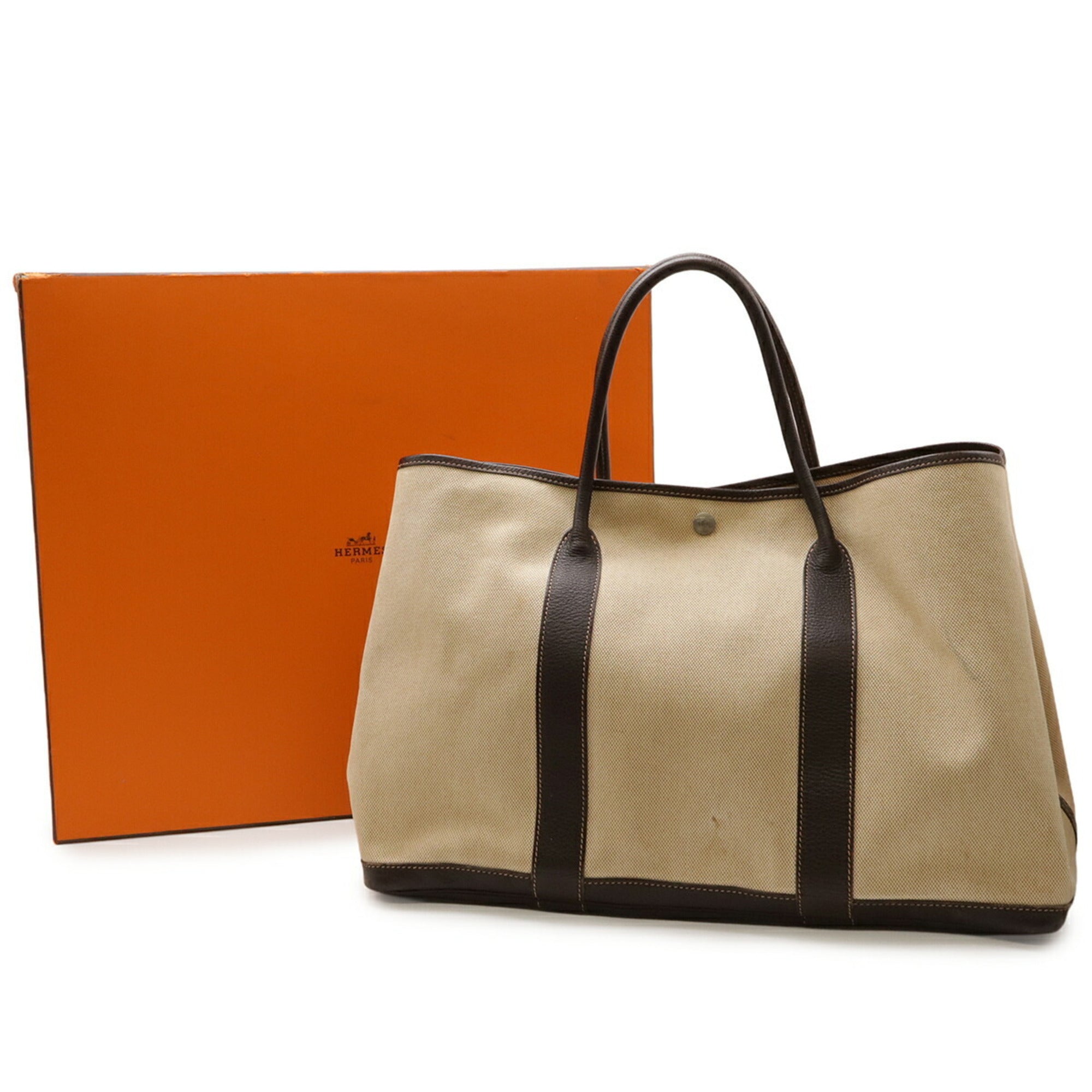 Hermes Beige Dark Brown Toile H Leather Handbag Tote Bag (Pre-Owned)