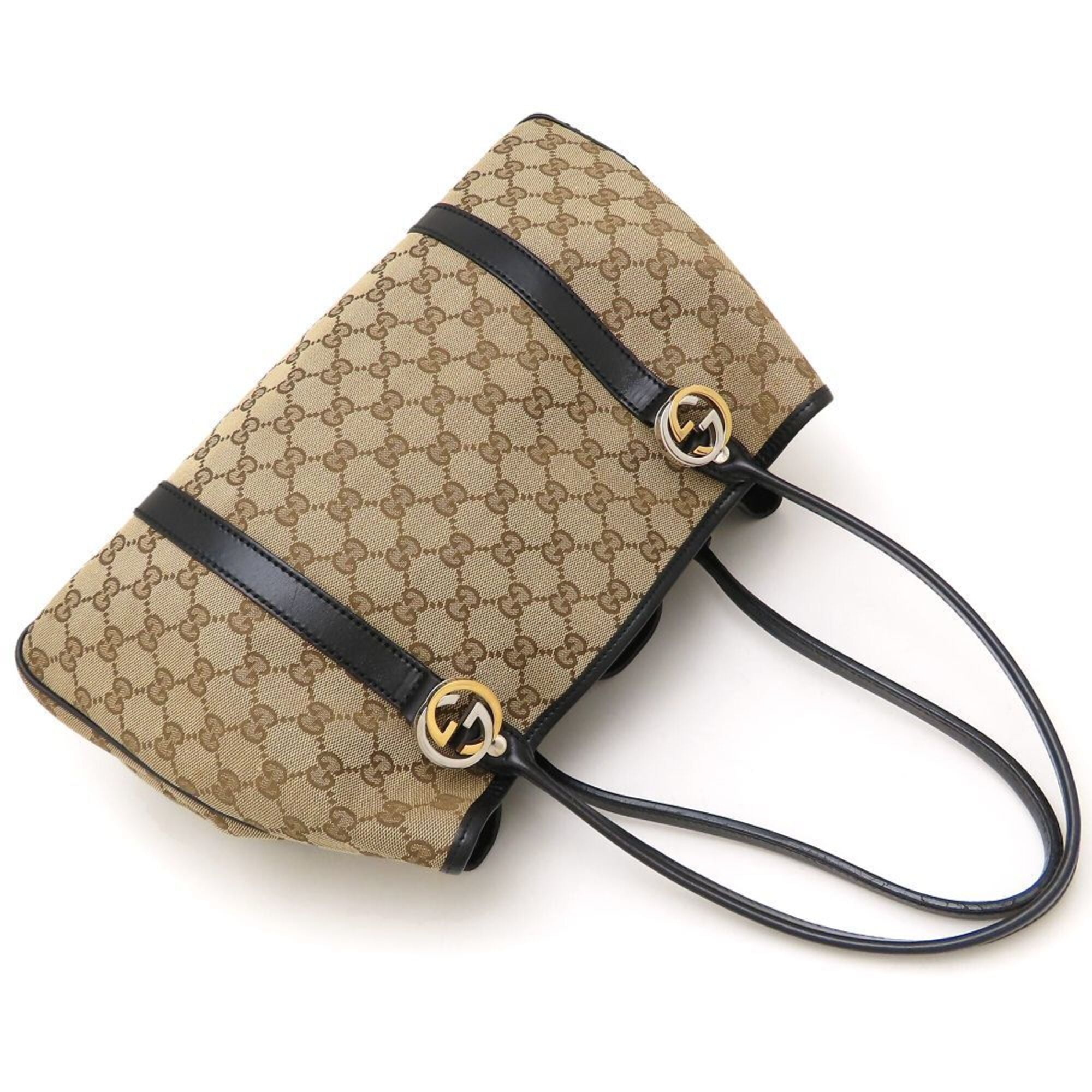 Gucci Beige Black Gg Canvas Leather Tote Bag (Pre-Owned)